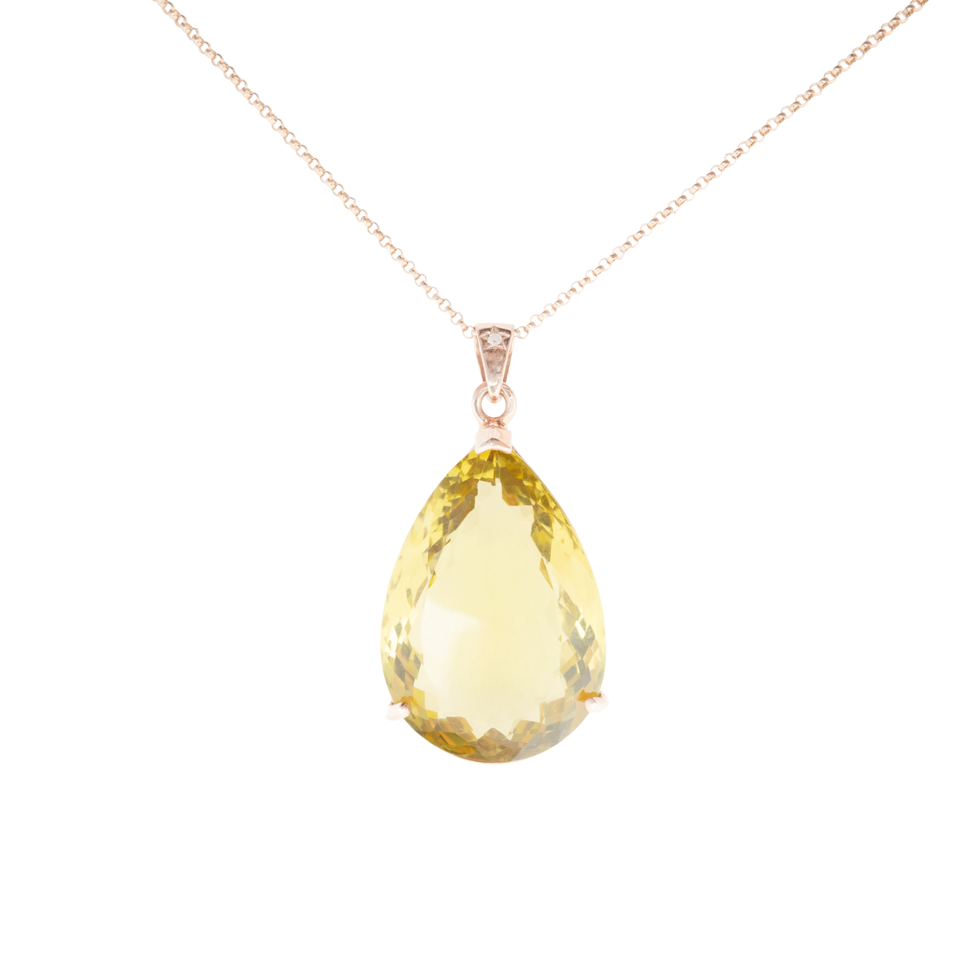 Lanț cu pandantiv din argint aurit cu aur roz, decorat cu lemon cuarț și diamant