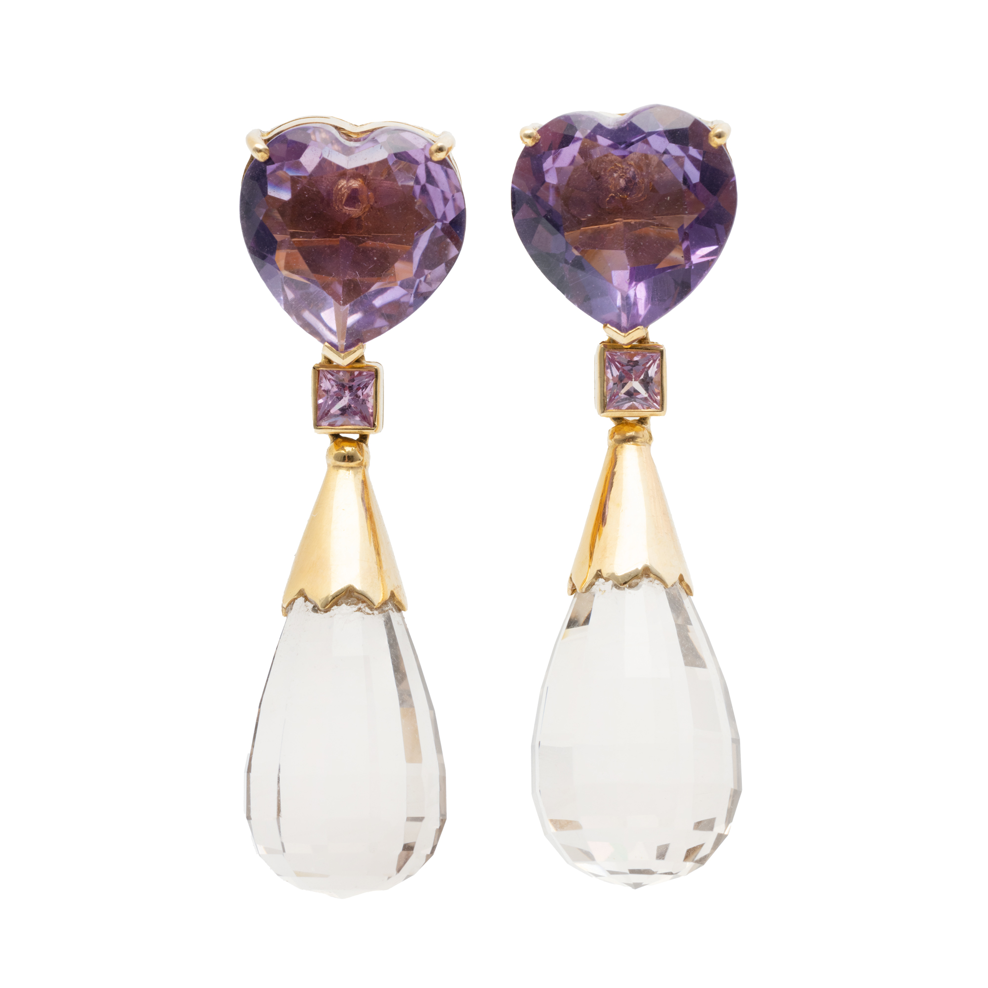 Pair of Gold Earrings in the Shape of Hearts, Decorated with Amethysts, Sapphires and Quartz