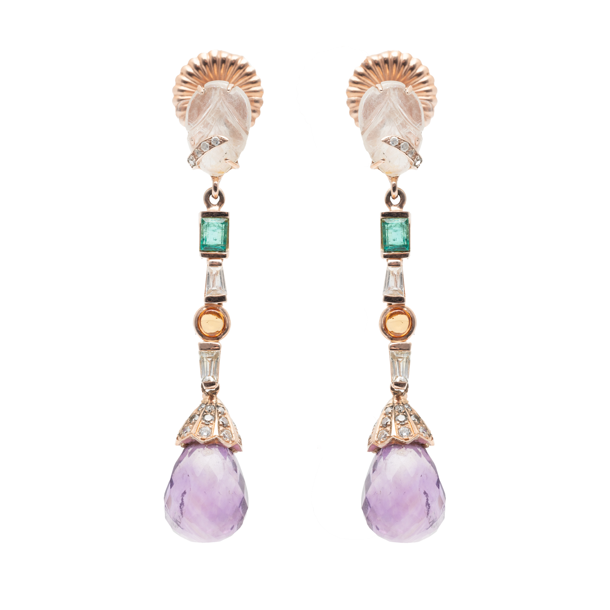 Pair of gilded silver earrings with rose gold, decorated with amethysts, emeralds, sapphires and diamonds