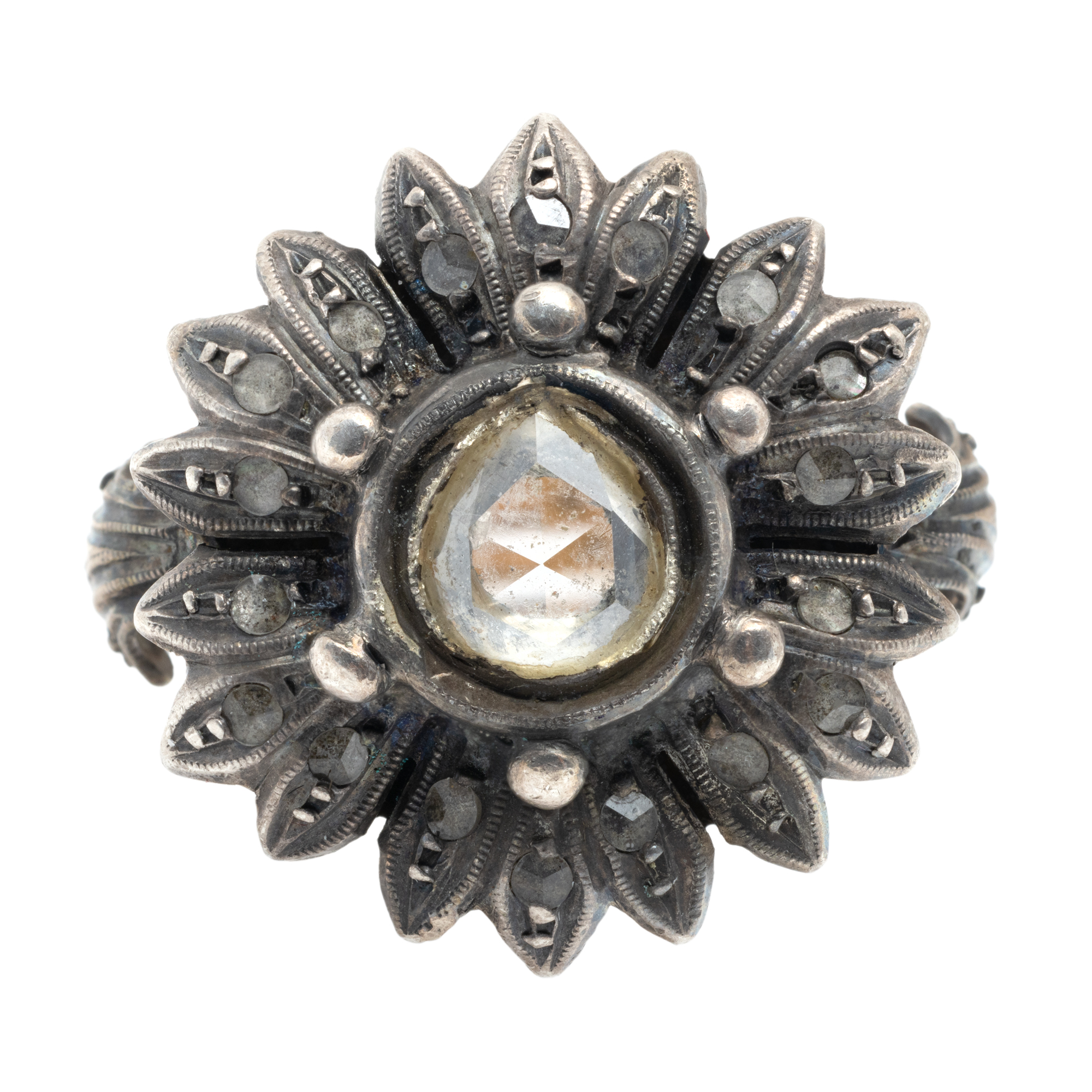 Gold and Silver Ring in the shape of a flower, decorated with a diamond and white sapphires