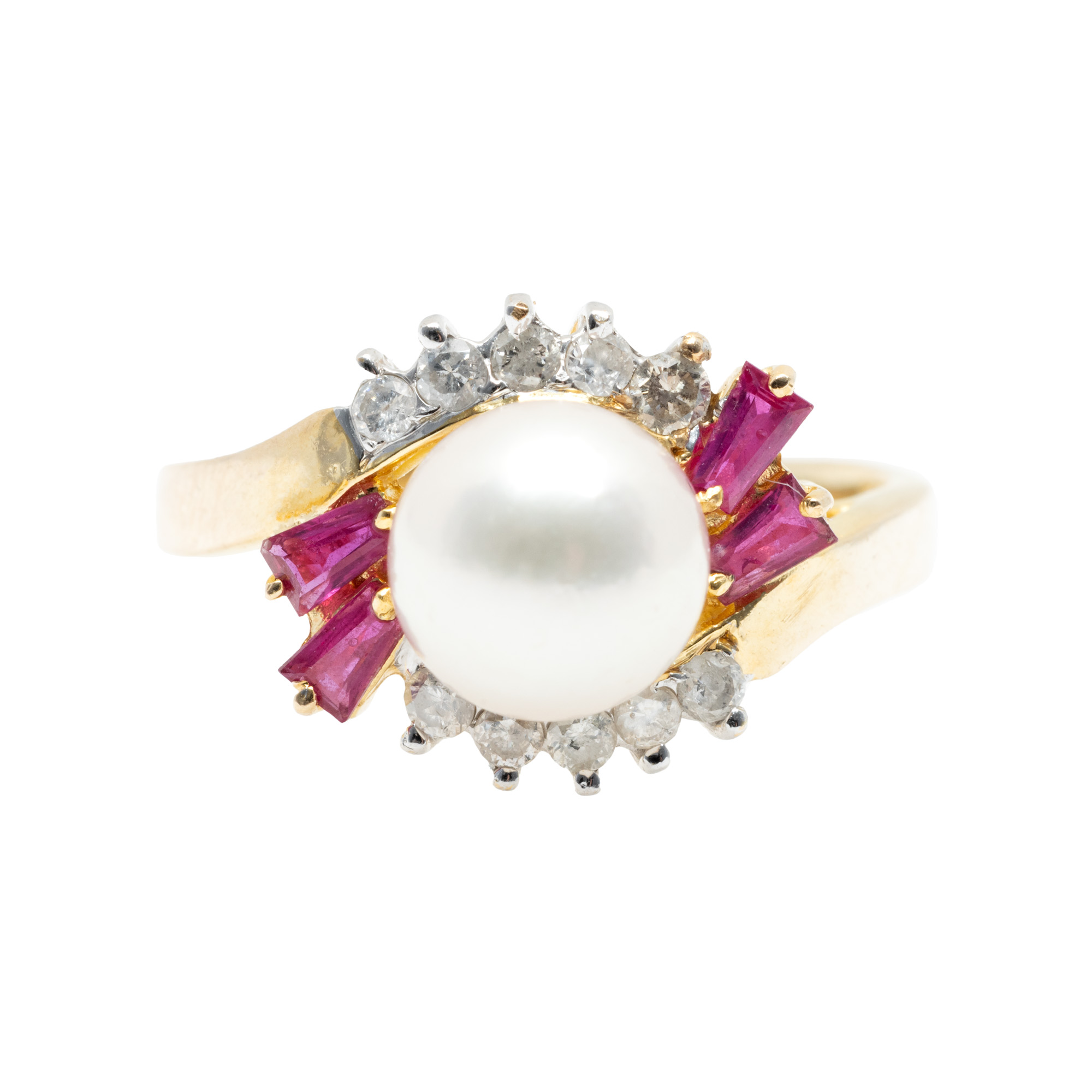Gold ring, decorated with pearl, rubies and diamonds