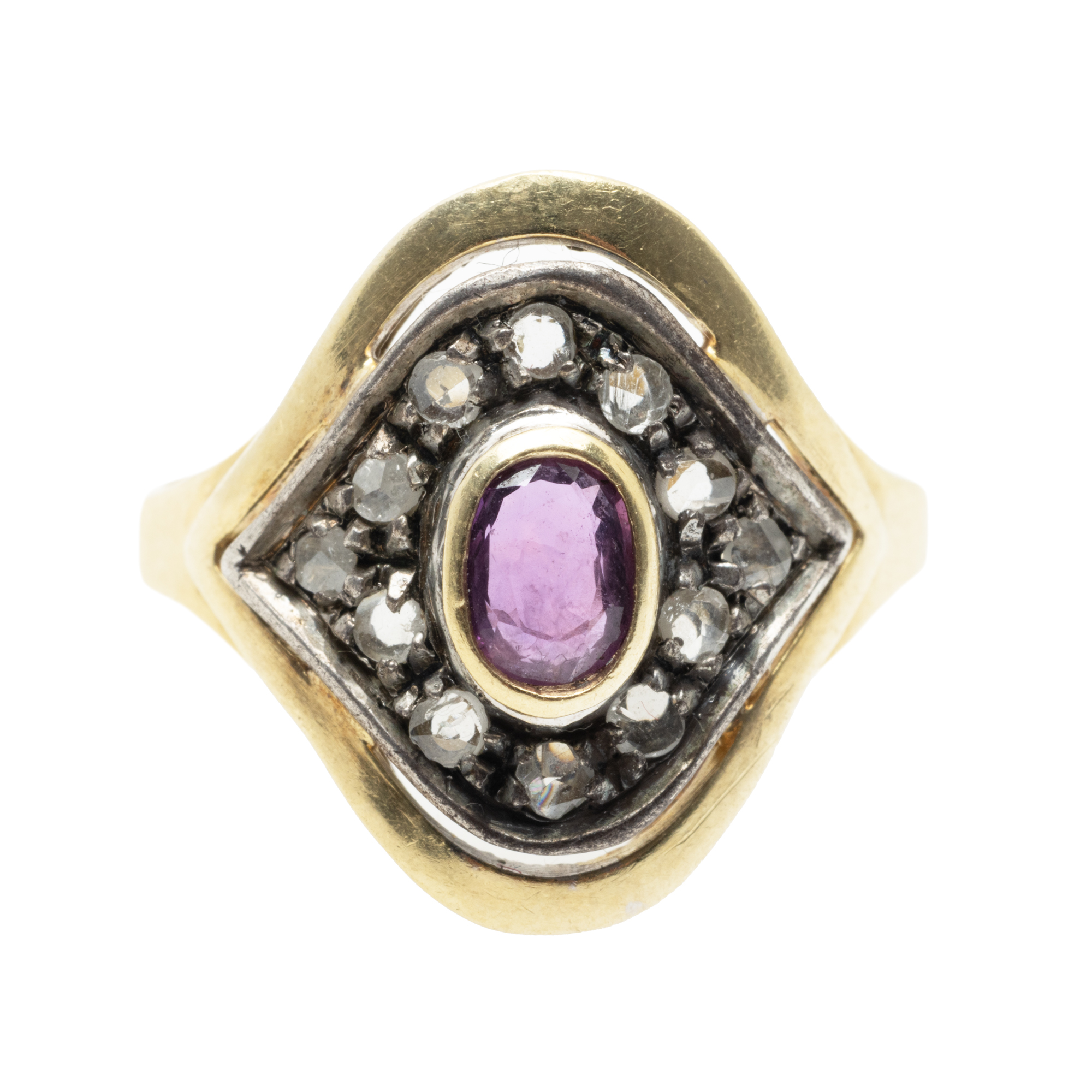 Ring made of gold and silver, adorned with diamonds and a ruby