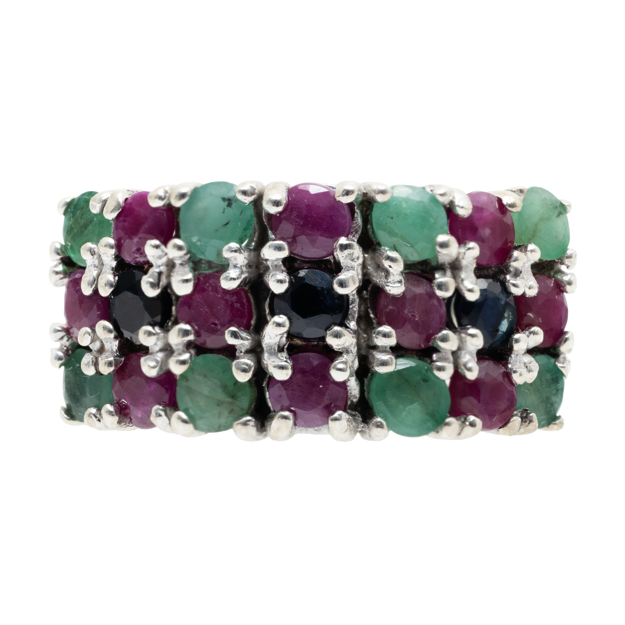 Silver ring, decorated with alternating rubies, sapphires and emeralds