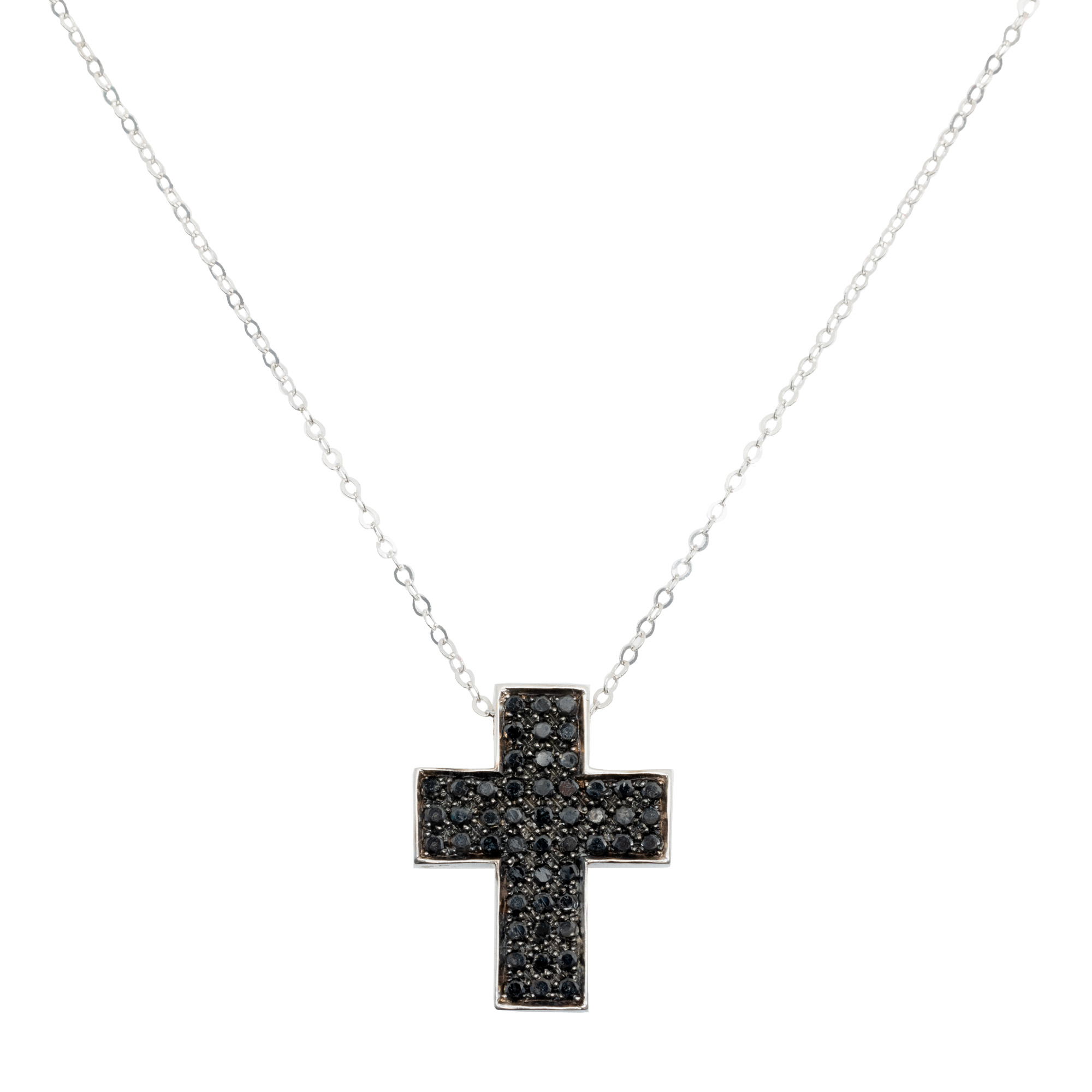 White gold chain with cross-shaped pendant, paved with black diamonds, accompanied by an additional gemological certificate