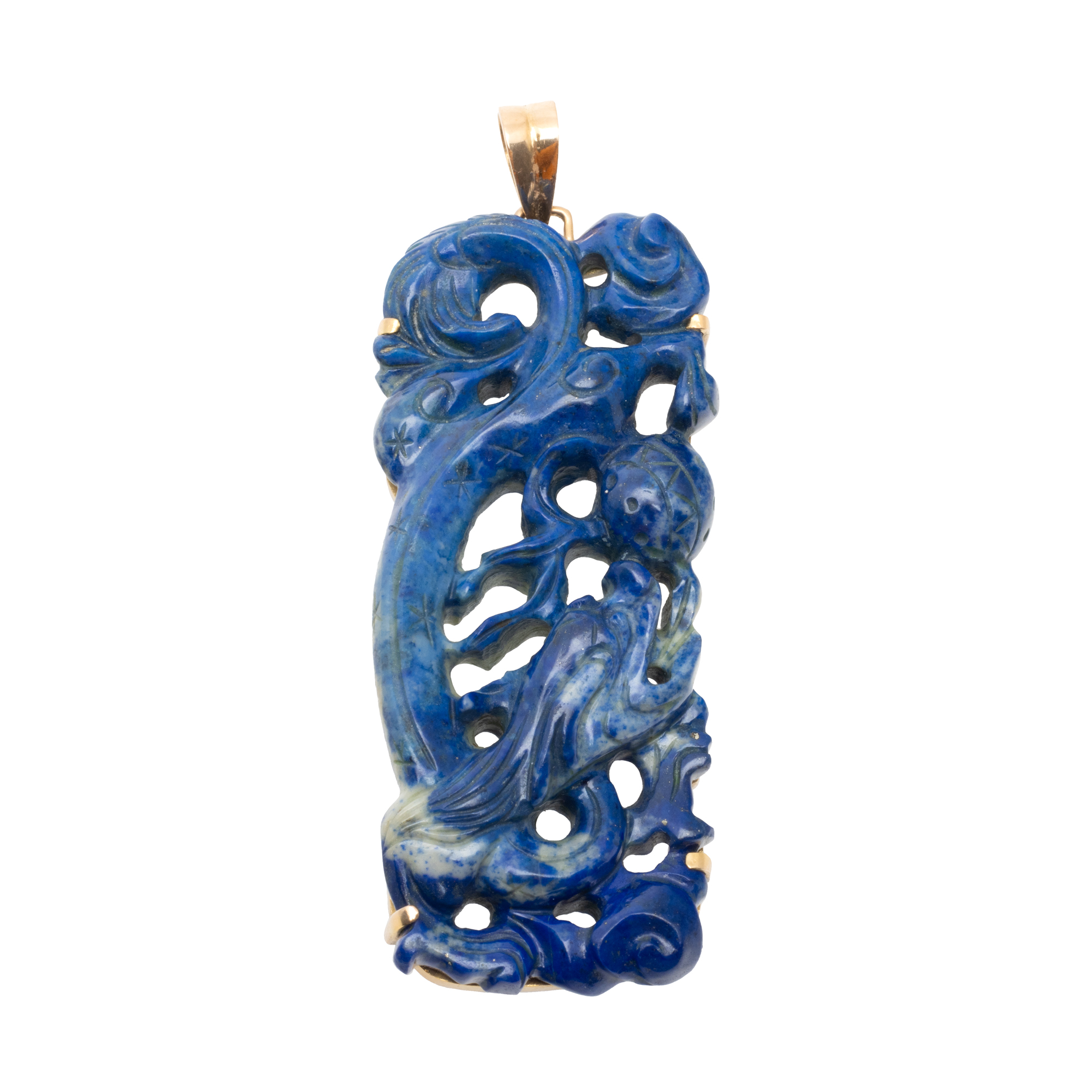 Pandantiv din aur roz, decorat cu medalion japonizant din lapis lazuli