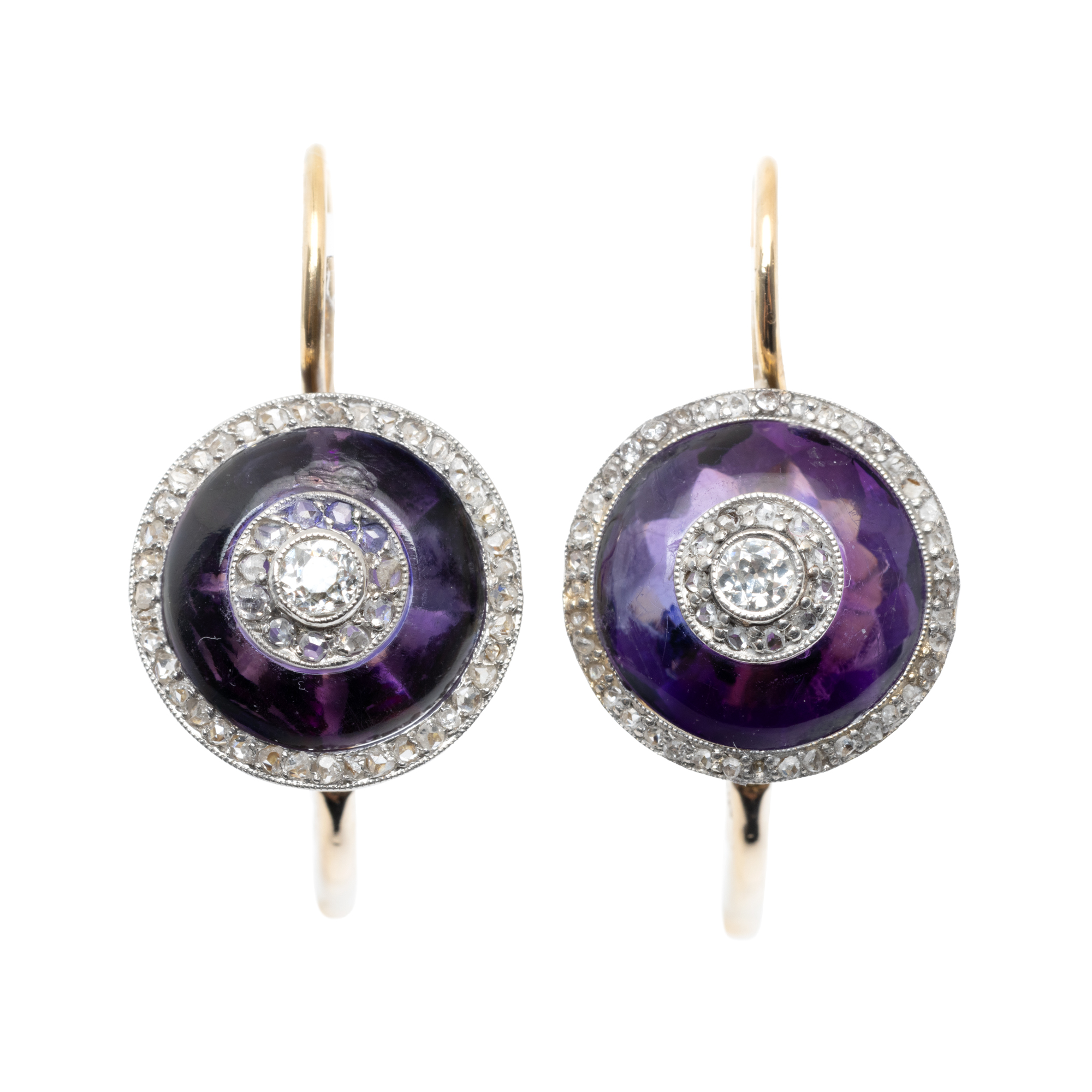 Pair of gold and platinum earrings, decorated with amethysts and diamonds