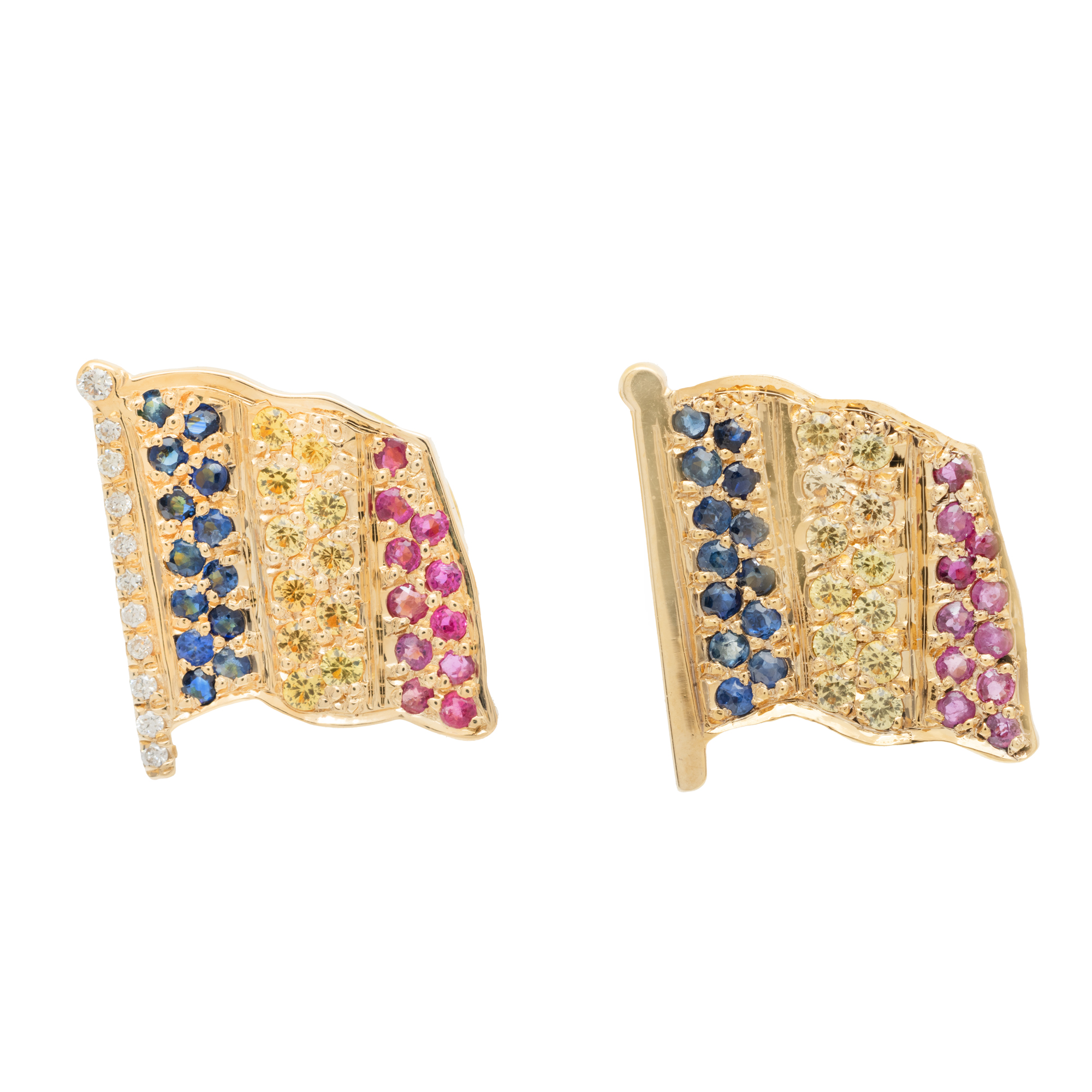 Pereche de pin-uri din aur, sub formă de steag, decorate cu safire multicolore și diamante