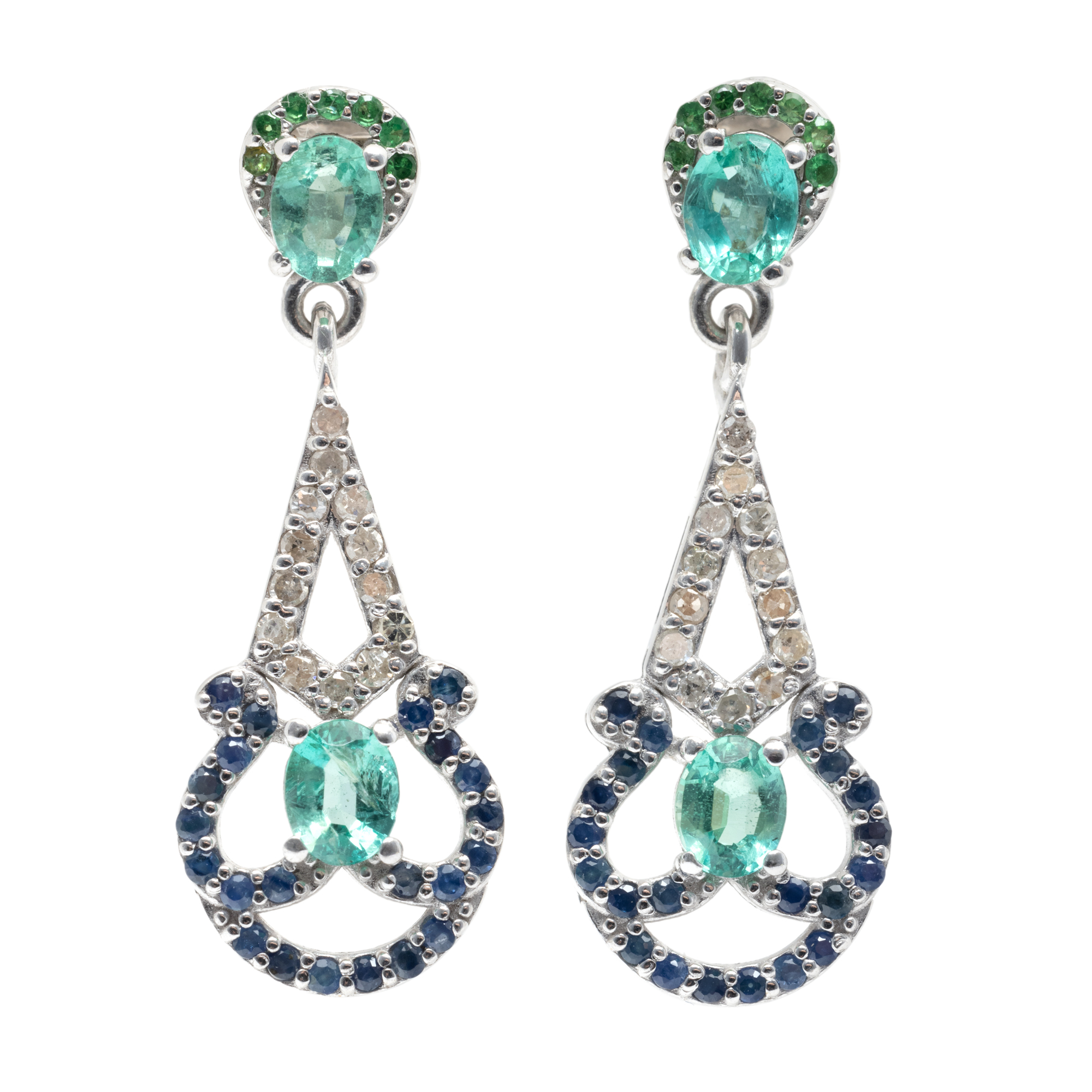 Pair of silver earrings, decorated with emeralds, sapphires, and diamonds