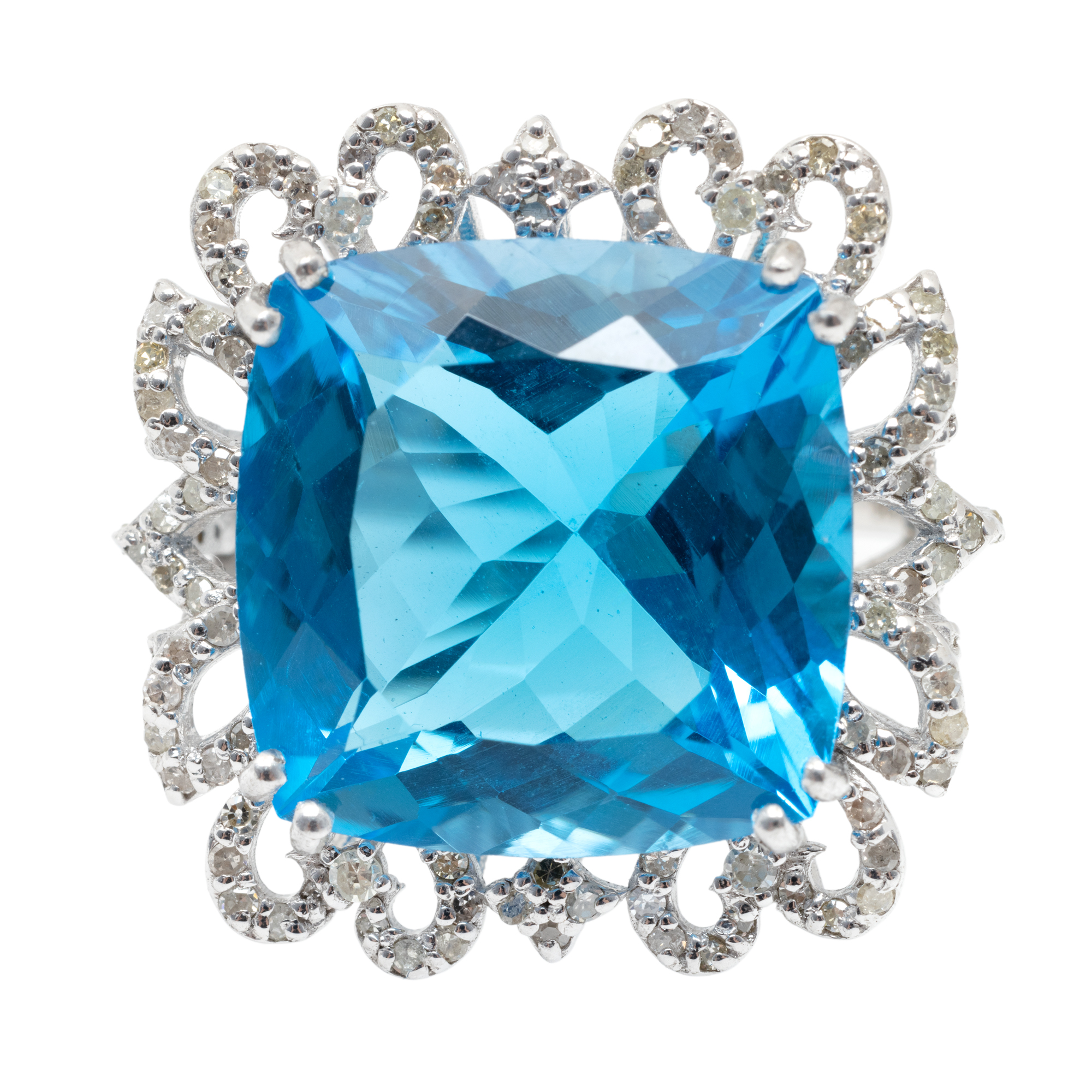 Silver ring, decorated with topaz and diamonds