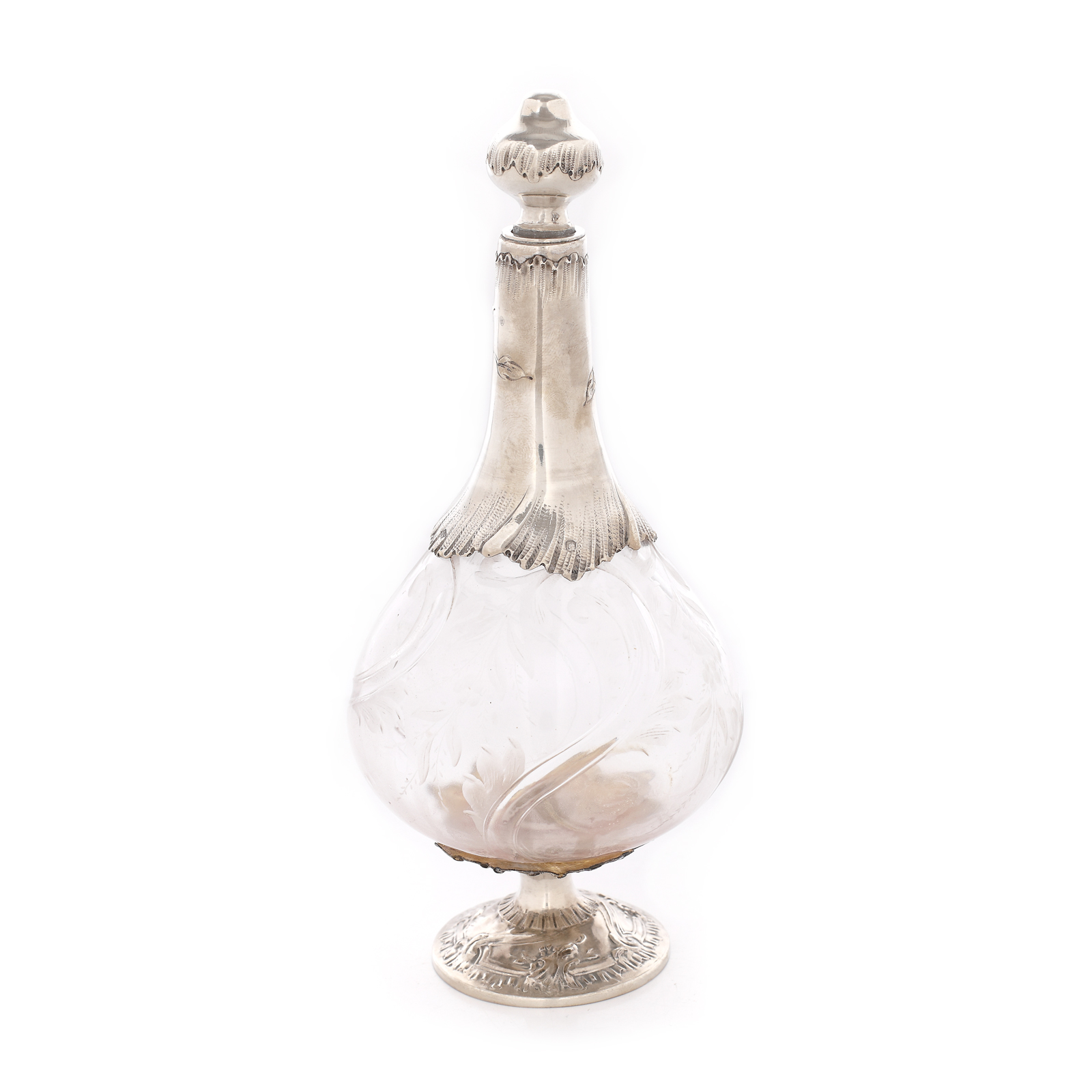 Flacon din cristal și argint Henri Lapeyre, pentru lichior, decorat cu motive vegetale, cca. 1895-1923