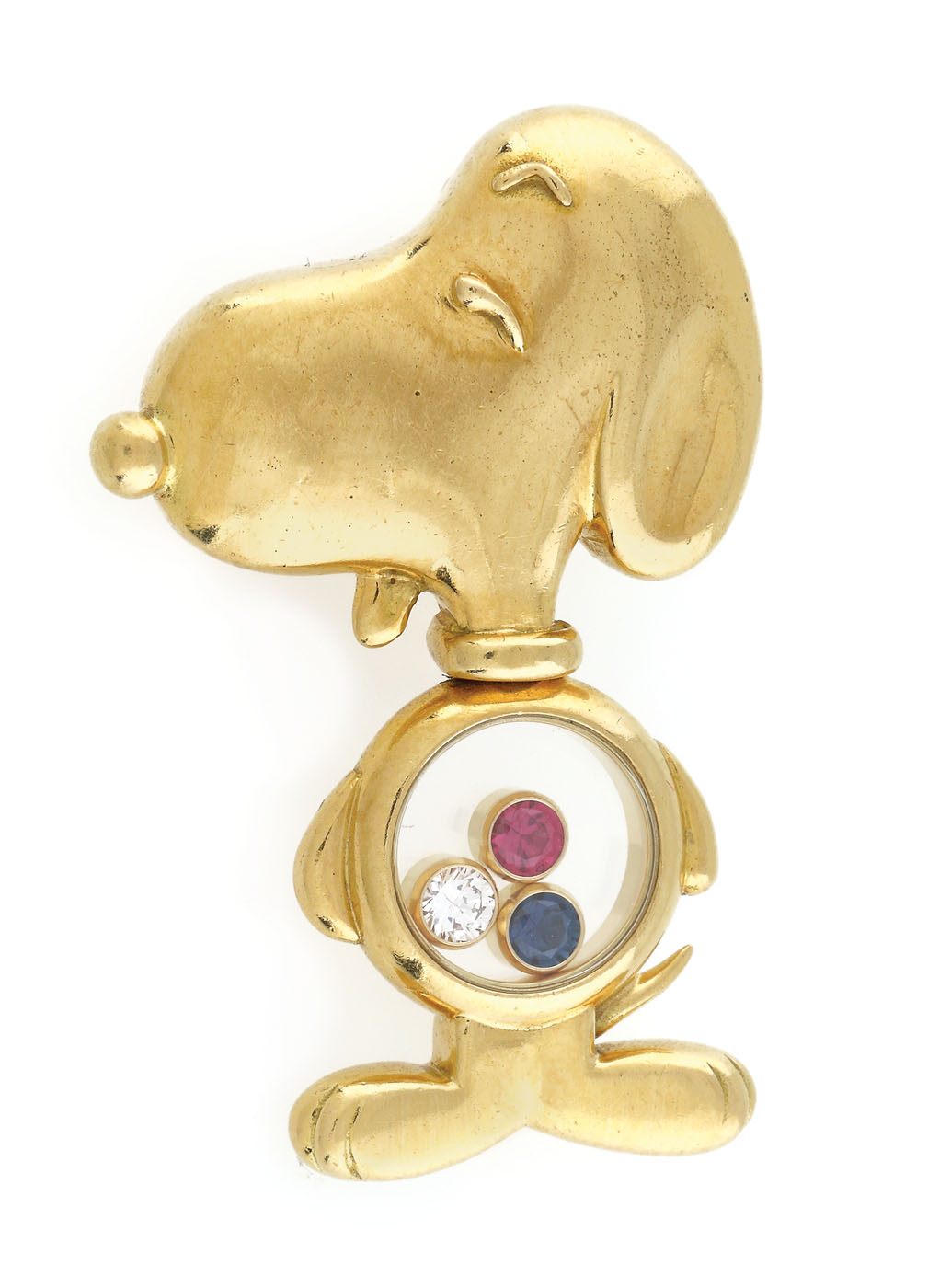 Pandantiv Chopard din aur, în forma lui Snoopy Dog, decorat cu pietre prețioase mobile 