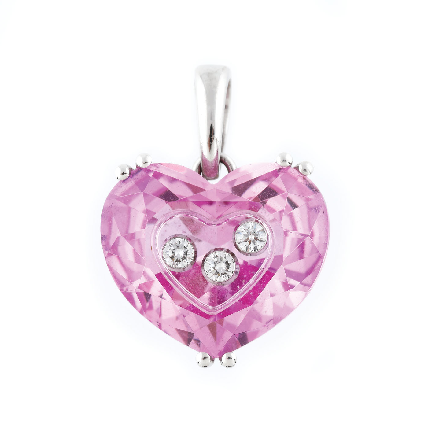 Pandantiv Chopard Happy Diamonds, din aur alb, decorat cu safir roz și diamante mobile 