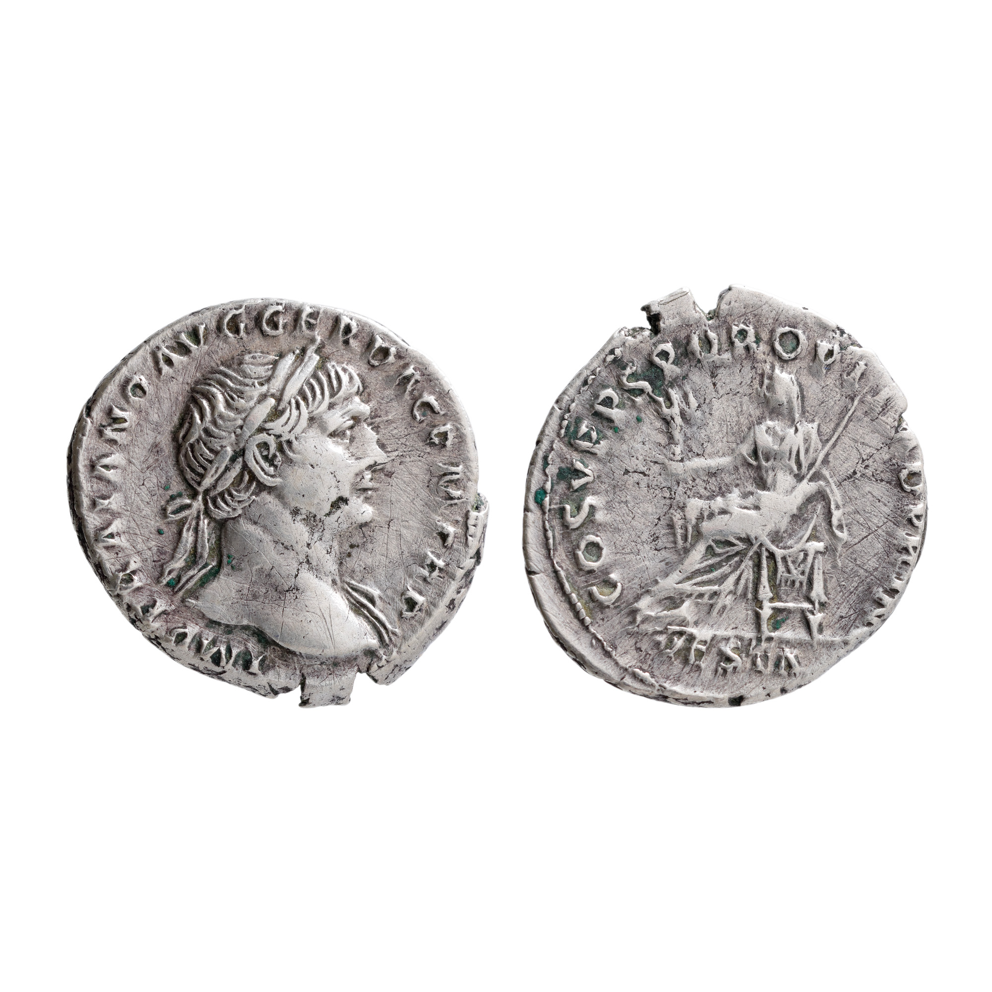 Monedă Denarius, Traian, Tip zeița Vesta, 105-115 e.n., argint