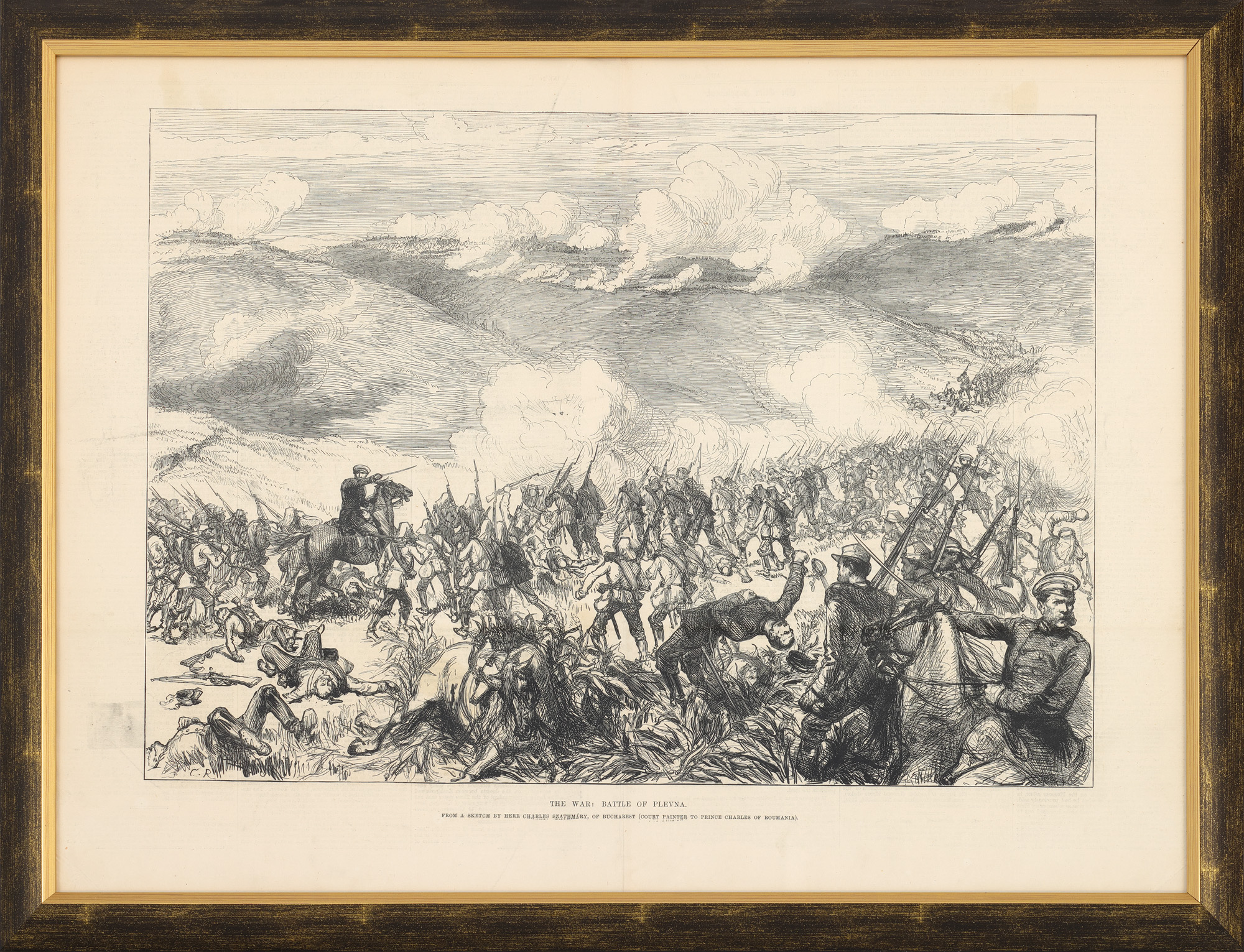 Ilustrație litografică de presă, ilustrând Bătălia de la Plevna, realizată după un desen de Carol Popp de Szathmari, cca. 1880