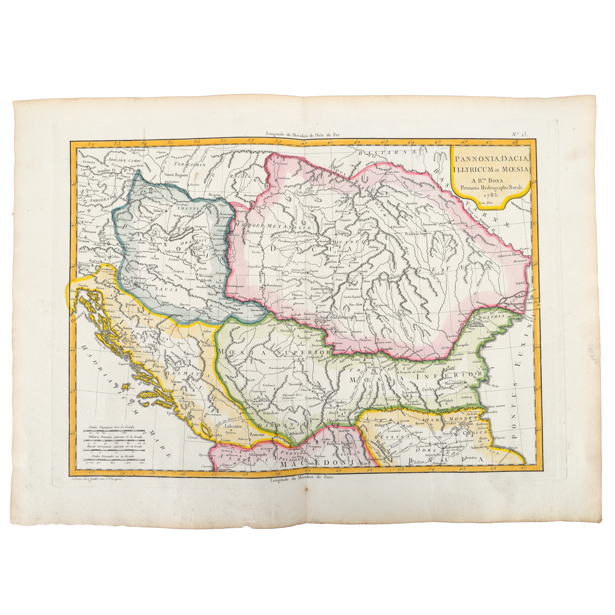 "Map 'Pannonia, Dacia, Iliria and Moesia', by Rigobert Bonne, Paris, 1783"