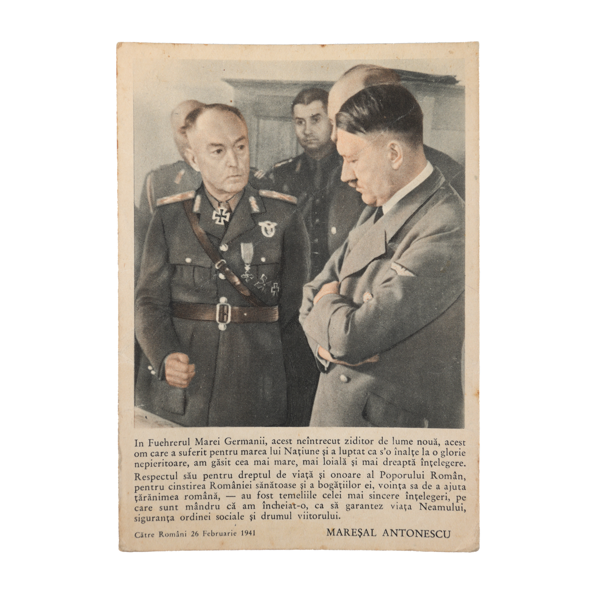 Carte poștală, trimisă de pe front, ilustrându-i pe Ion Antonescu și Adolf Hitler, decembrie 1943