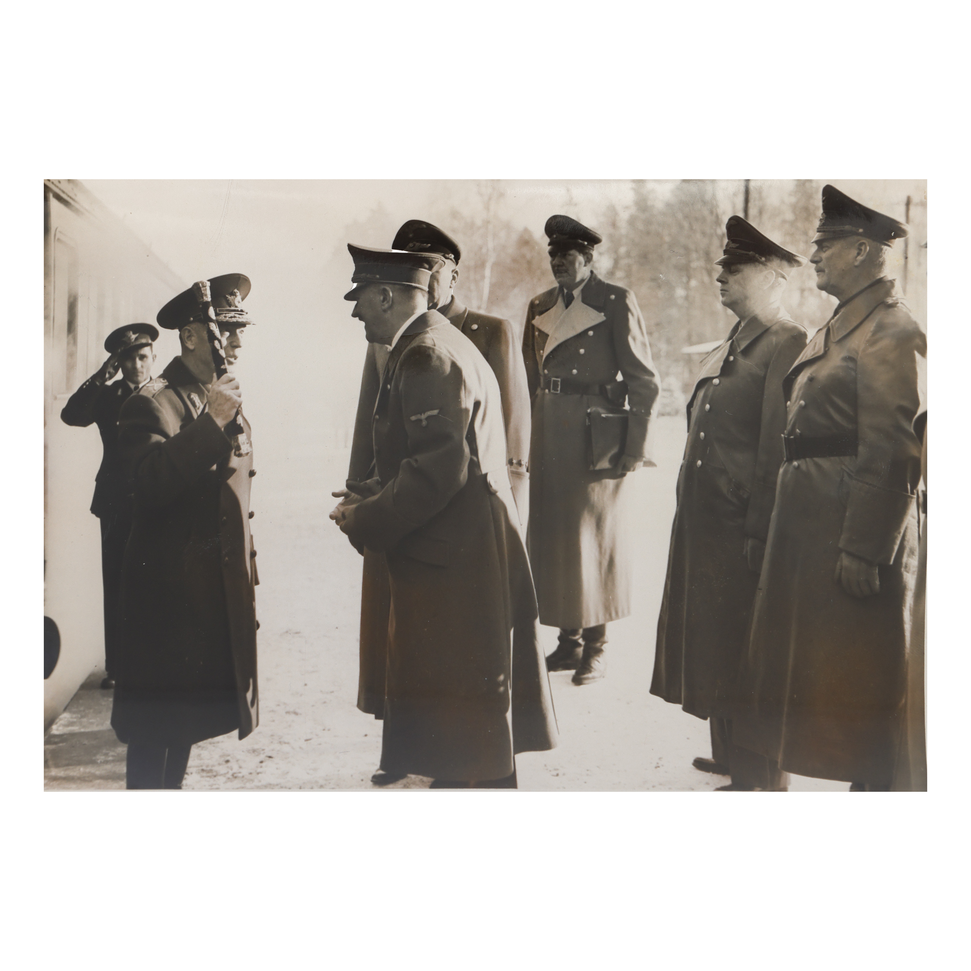 Press photograph illustrating Ion Antonescu saluting Adof Hitler with the marshal's baton, 1941