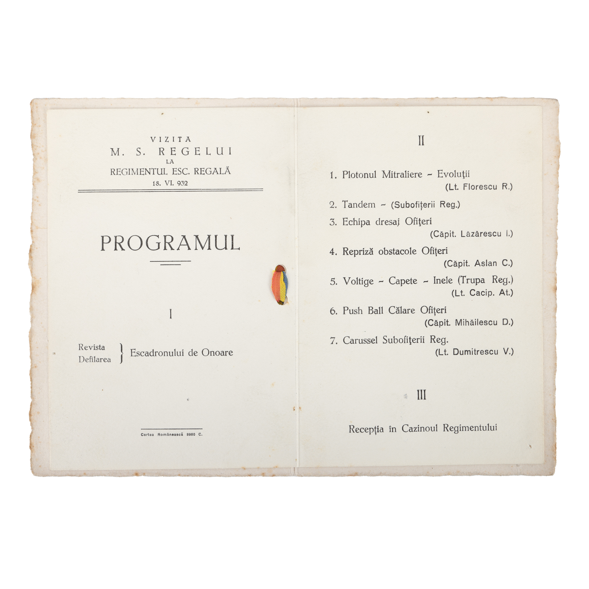 Programul vizitei Regelui Carol al II-lea la Regimentul de Escortă Regală, 18 iunie 1932