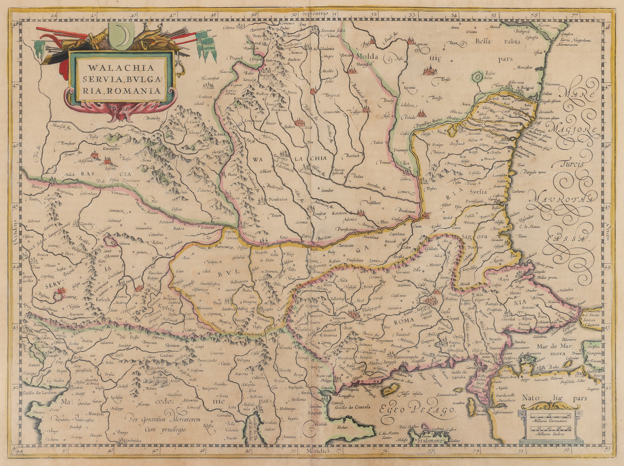  Hartă ”Valahia, Serbia, Bulgaria, Romania”, de Willem Janszoon Blaeu, Amsterdam, 1635