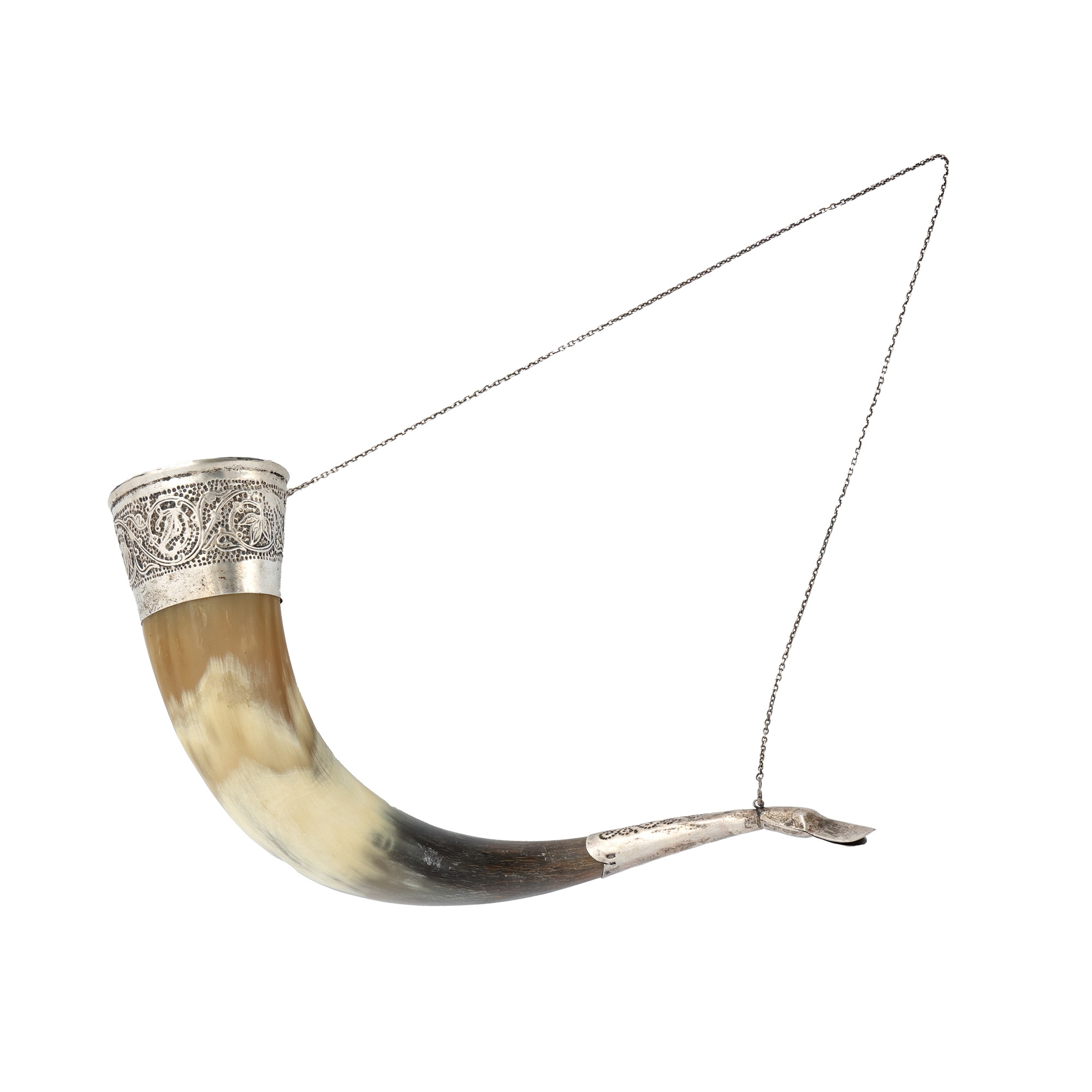 Corn de vânătoare, decorat cu elemente din argint marcat, cca. 1900