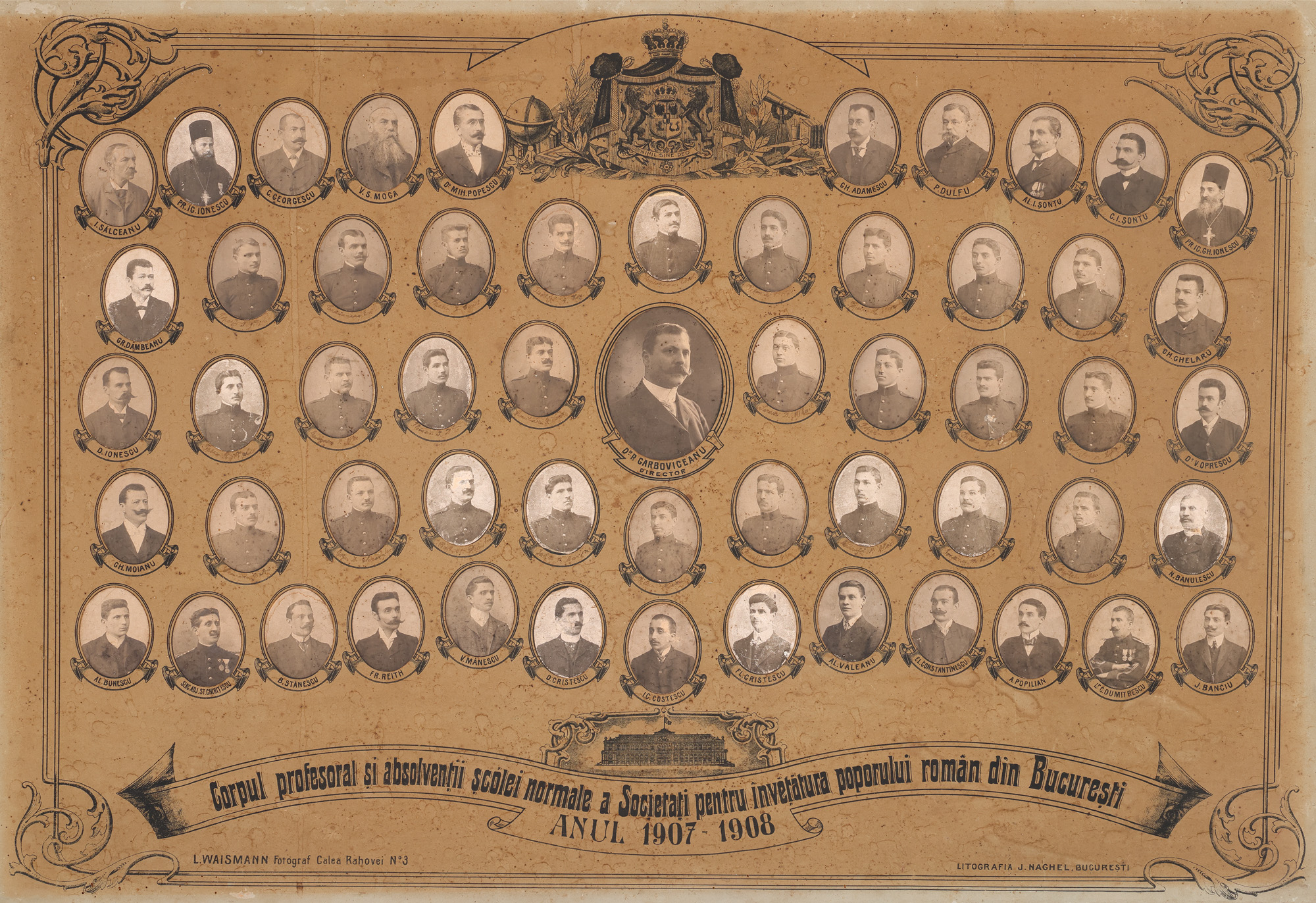 "Lithography after a large photographic cliché 'The teaching staff and graduates of the Normal School of the Society for the Education of the Romanian people from Bucharest', 1907-1908"