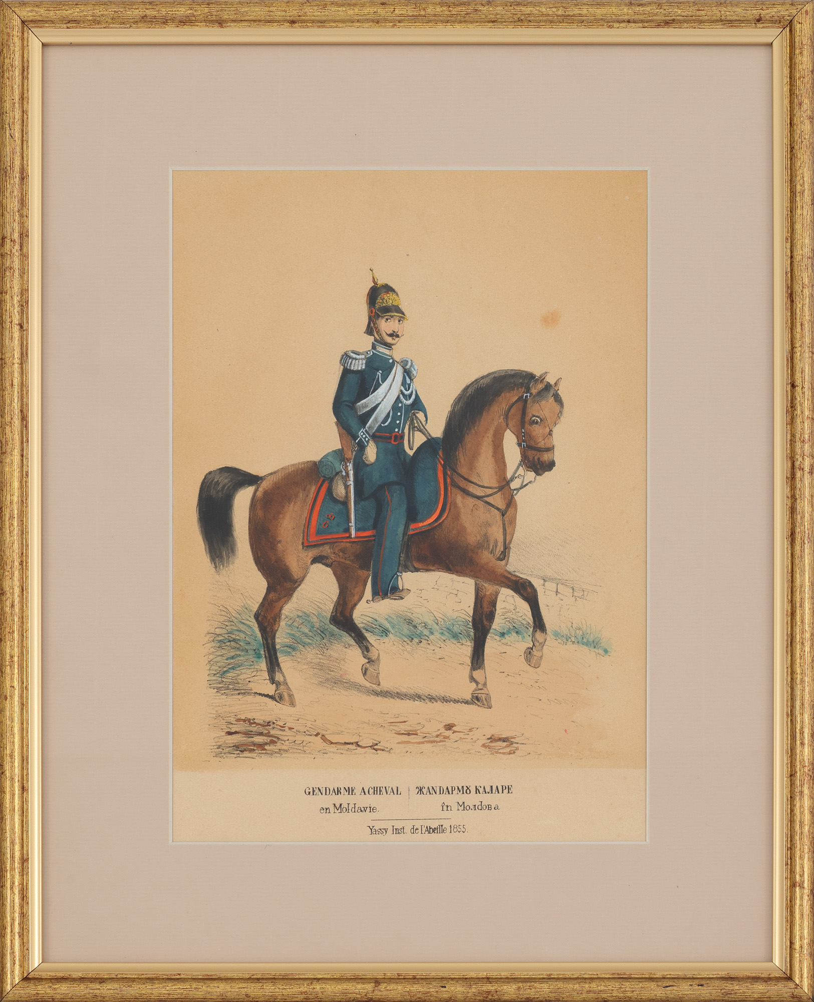 Gravură litografiată ilustrând un ofițer de călărași al miliției pământene, Iași, 1855