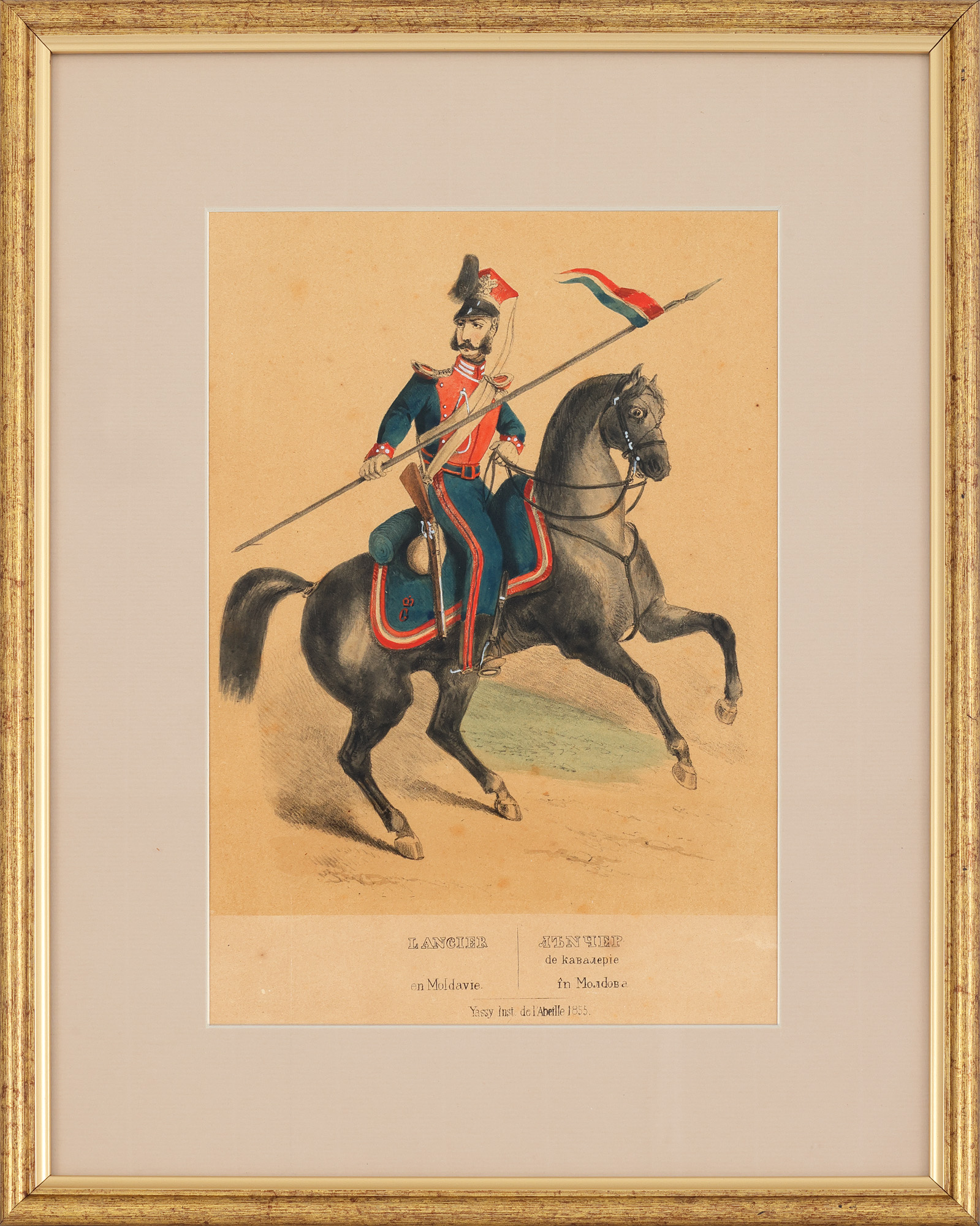 Gravură litografiată ilustrând un lăncier moldovean călare, Iași, 1855