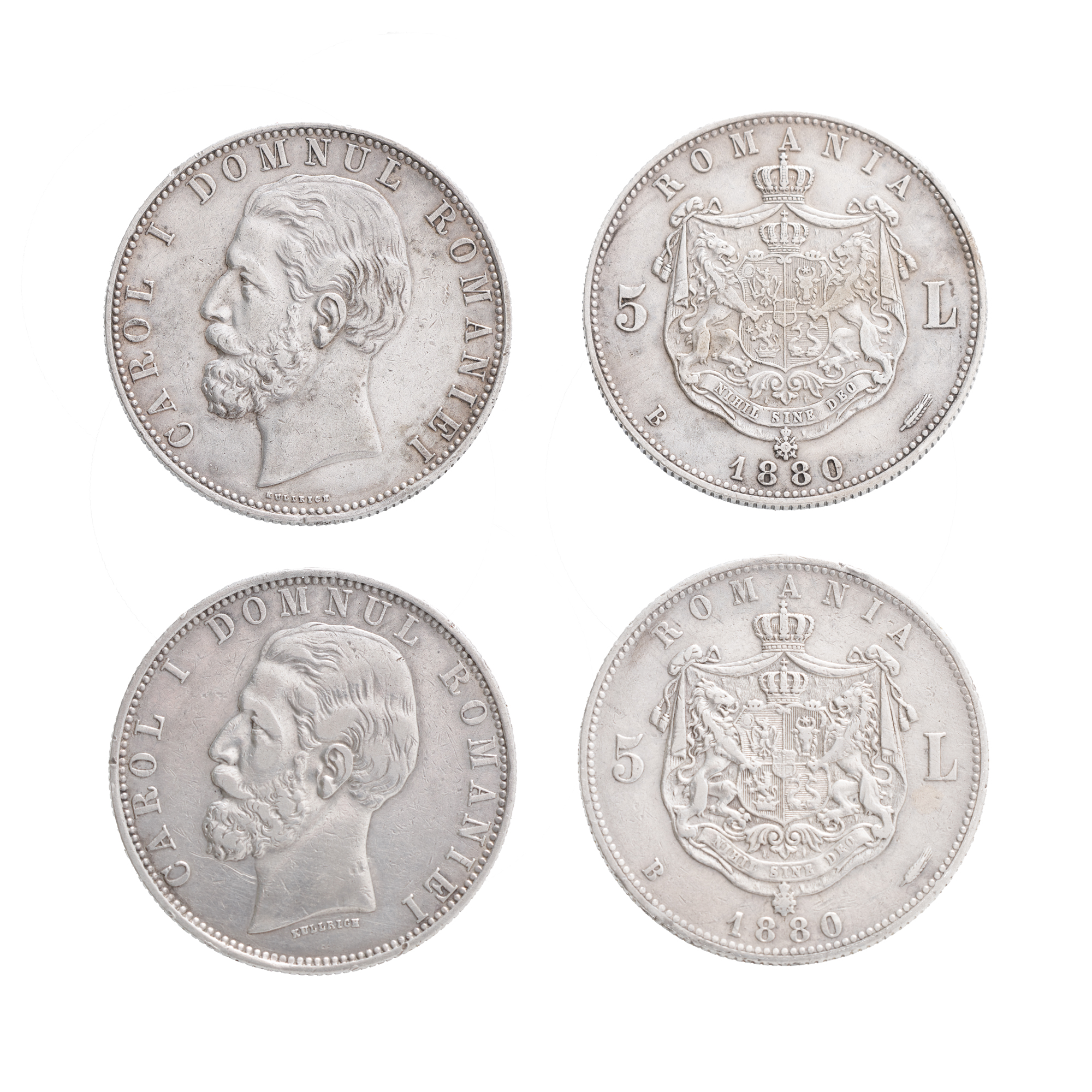 Lot format din două variante ale monedei de 5 Lei 1880, gravor pe cerc și gravor pe gât, argint
