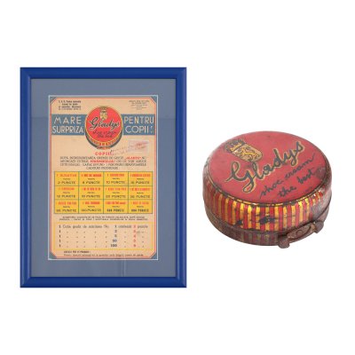 Lot format din reclamă tipărită, cu timbru și aprobare fiscală, crema de ghete ”Gladys”, alături de o cutie originală a produsului, 1940