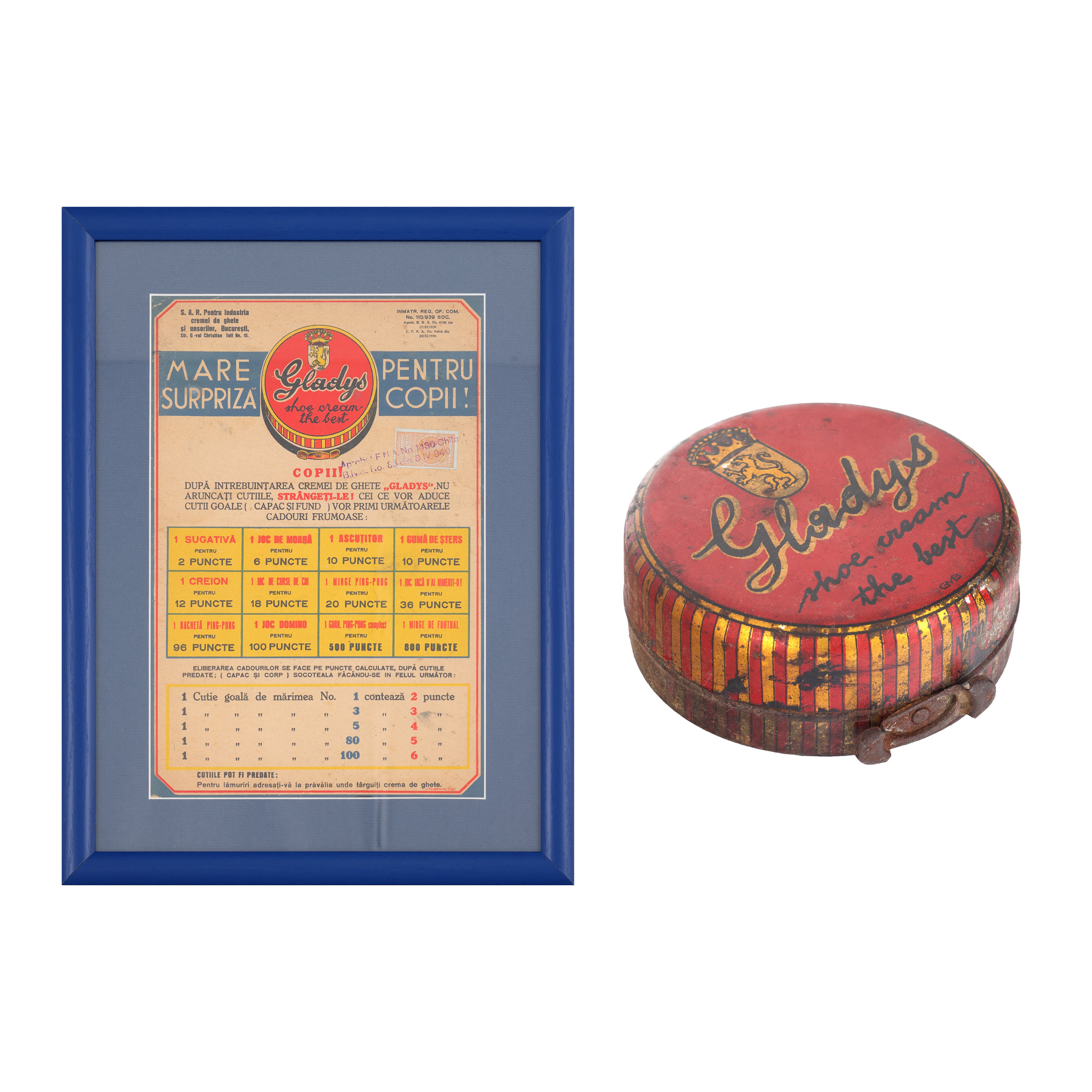 Lot format din reclamă tipărită, cu timbru și aprobare fiscală, crema de ghete ”Gladys”, alături de o cutie originală a produsului, 1940