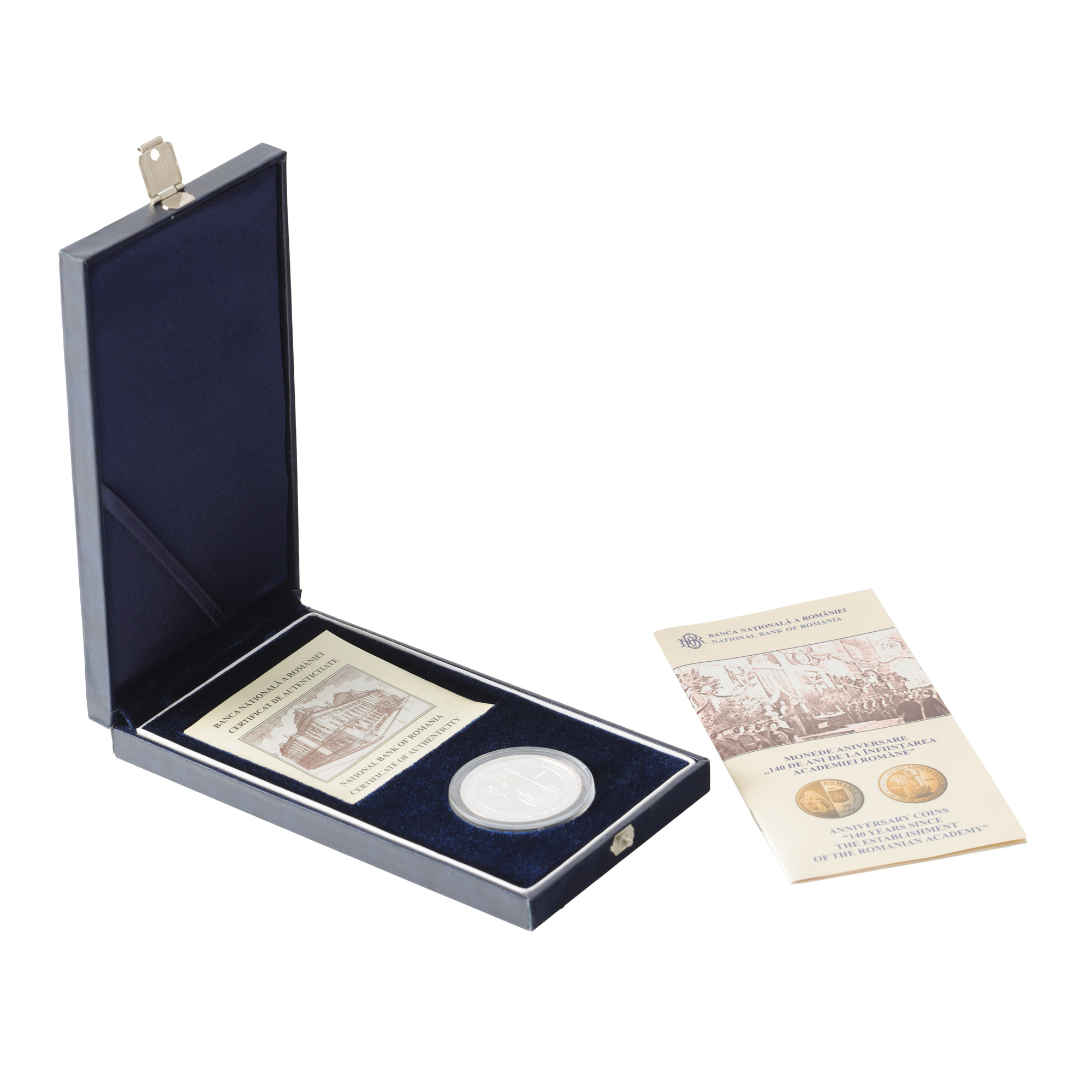 Commemorative BNR Coin, 140 years since the establishment of the Romanian Academy, silver, accompanied by certificate and brochure