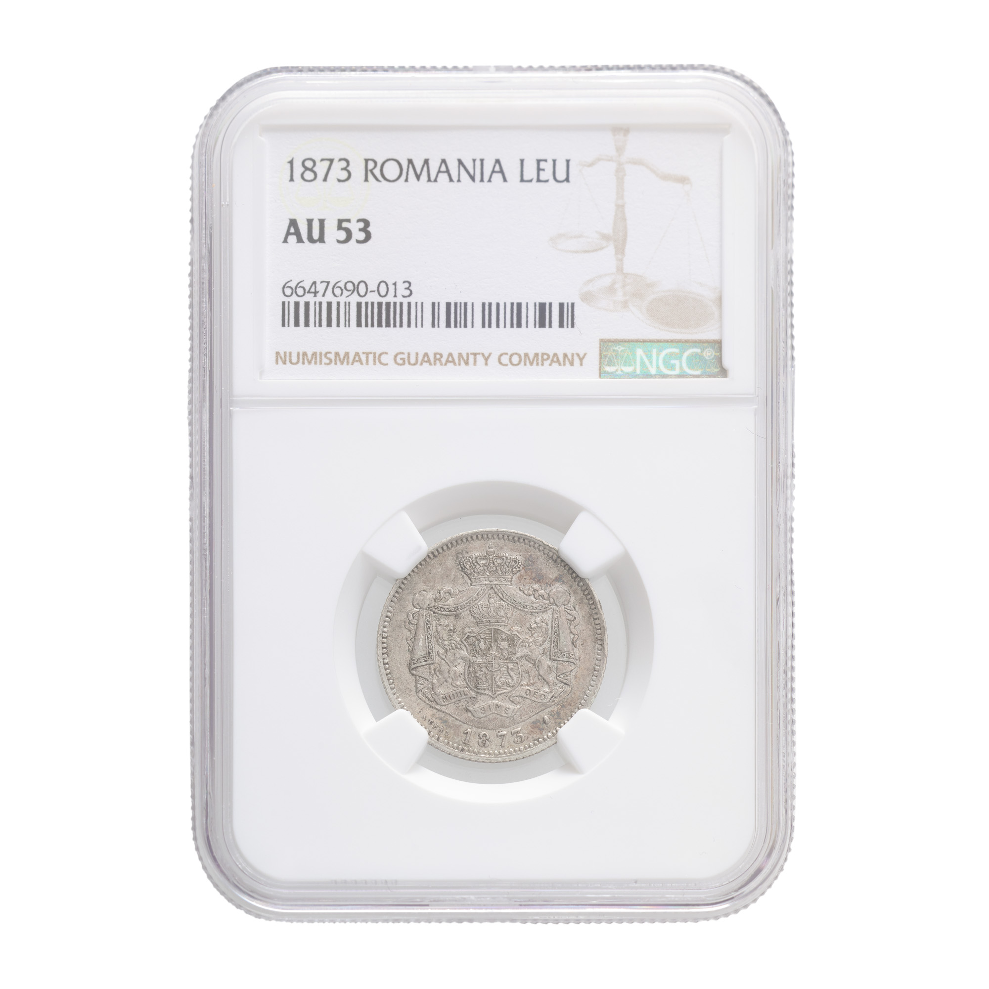 1 Leu Coin 1873, graded NGC AU53, silver