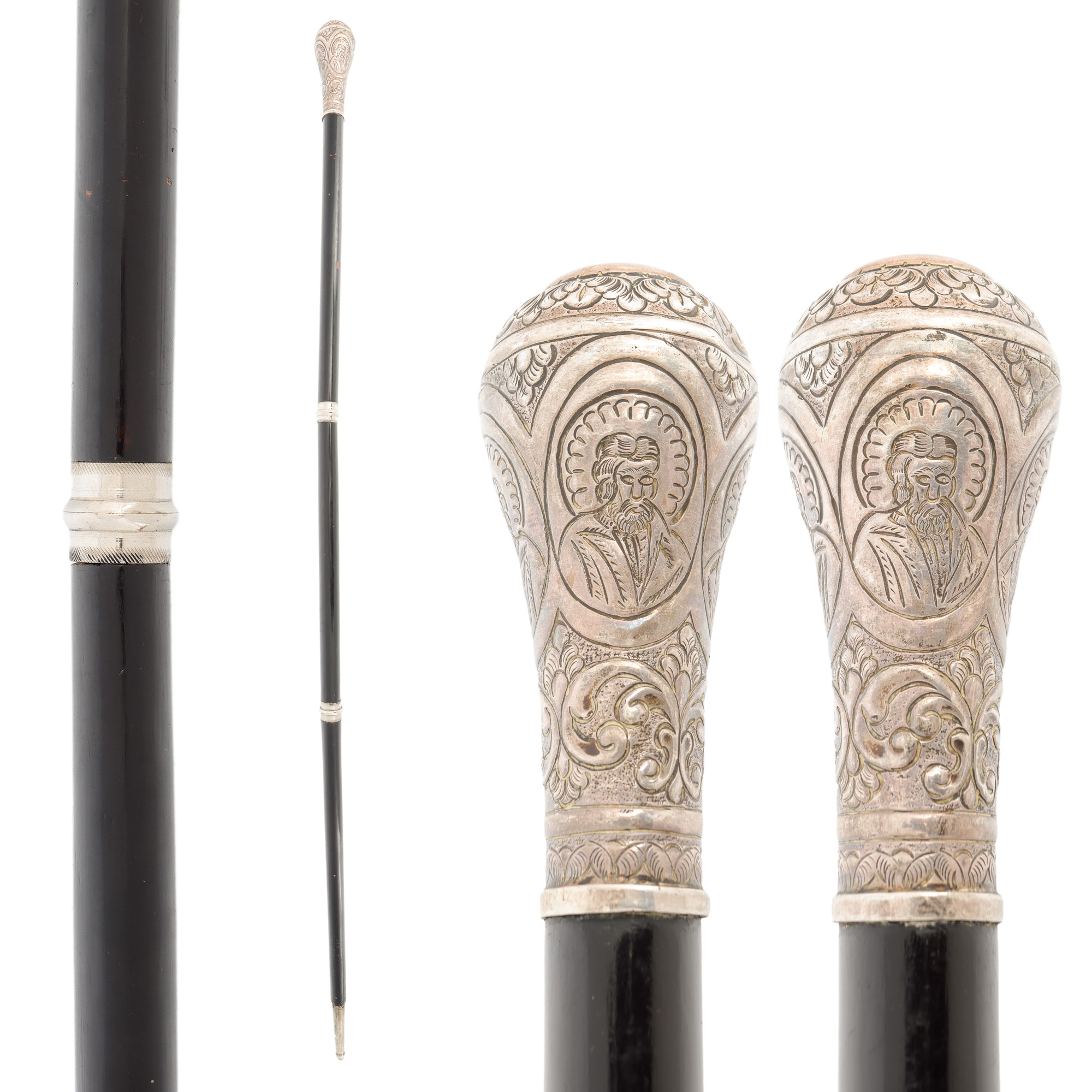 Archbishop's staff, with silver handle decorated with the faces of the four Evangelists and vegetal motifs, Romanian workshop, 19th century, rare collection piece