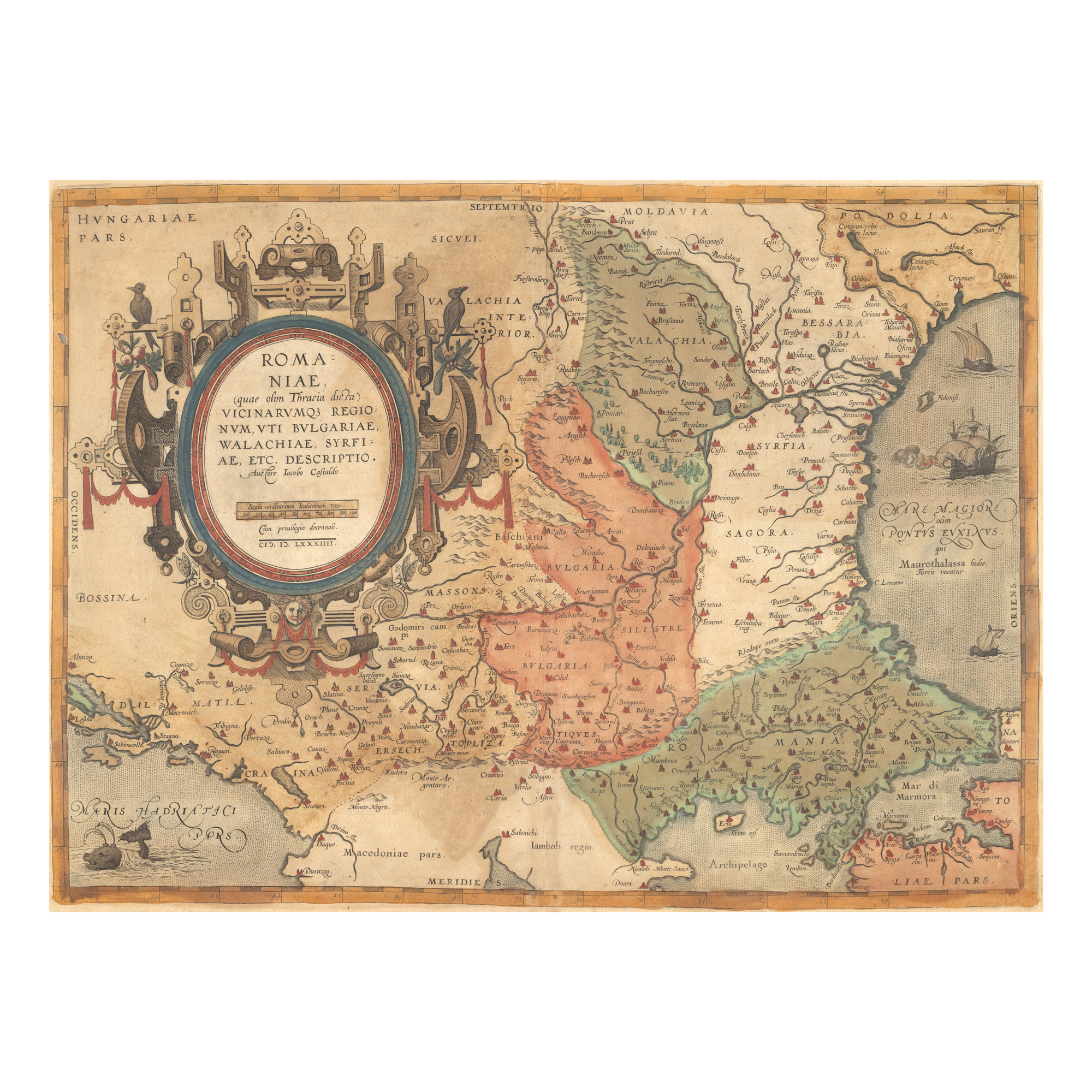 Hartă ”Romaniae, Bulgaria, Valahia", de Iacobo Castaldi, tipărită de Abraham Ortelius, ediţia Orbis Terrarum, Antwerp, 1584
