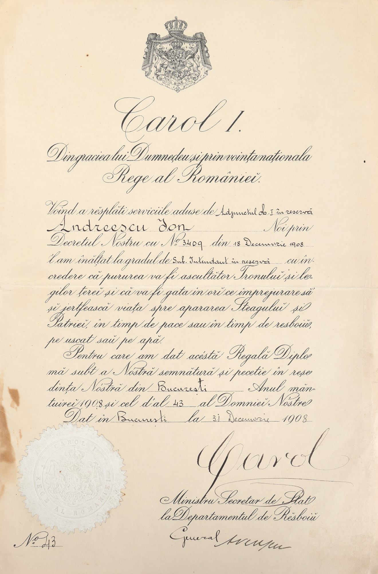 Decret de înălțare la gradul de sublocotenent intendent în rezervă, purtând semnăturile olografe ale Regelui Carol I și generalului Alexandru Averescu, 31 decembrie 1908