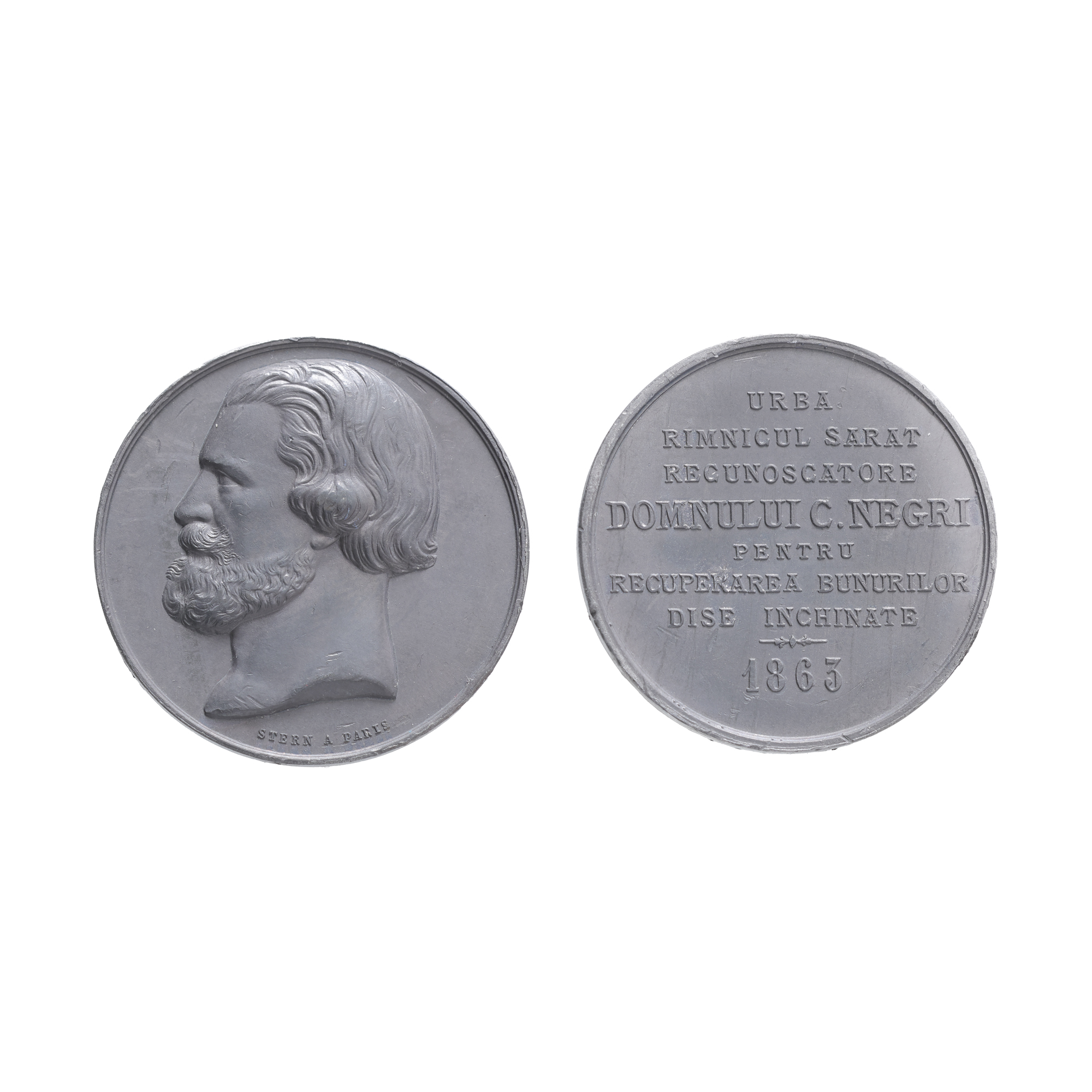 "Costache Negri Medal, Gratitude of the city Râmnicul Sărat, engraver Stern, 1863, rare piece"