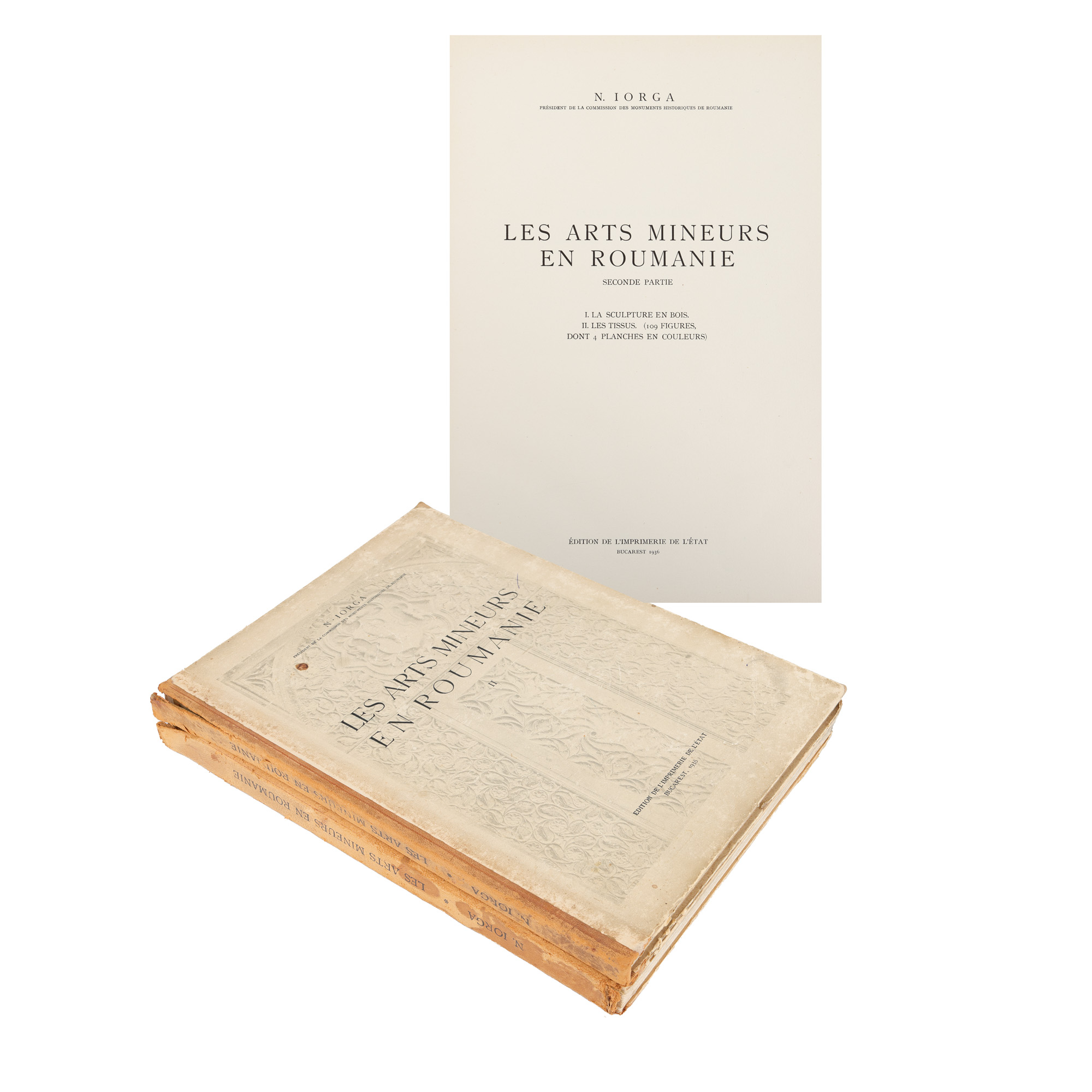 ”Artele minore în România”, de Nicolae Iorga, franceză, vol. I, 1934, cu ex-librisul olograf al Mitropolitului Bucovinei Visarion, și vol. II, 1936