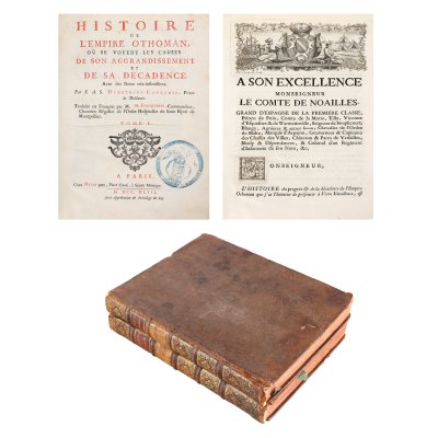 ”Istoria Imperiului Otoman, cauzele dezvoltării și decadenței acestuia”, de Dimitrie Cantemir, franceză, 2 volume, Paris, 1743, legătură de epocă
