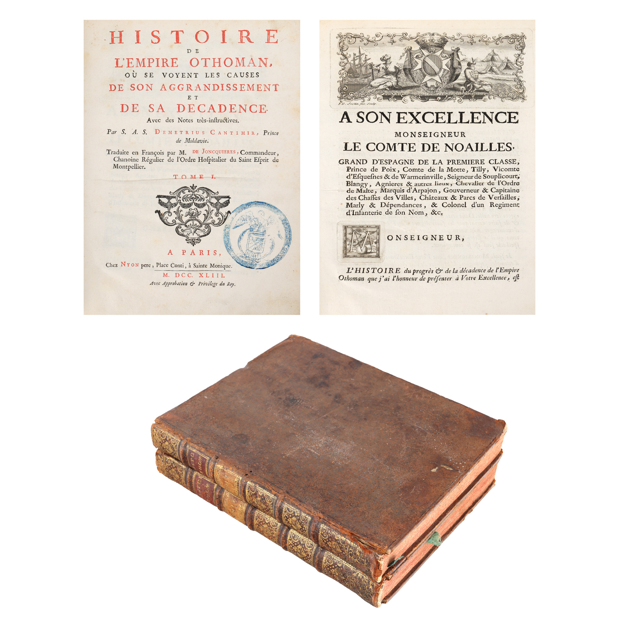 ”Istoria Imperiului Otoman, cauzele dezvoltării și decadenței acestuia”, de Dimitrie Cantemir, franceză, 2 volume, Paris, 1743, legătură de epocă