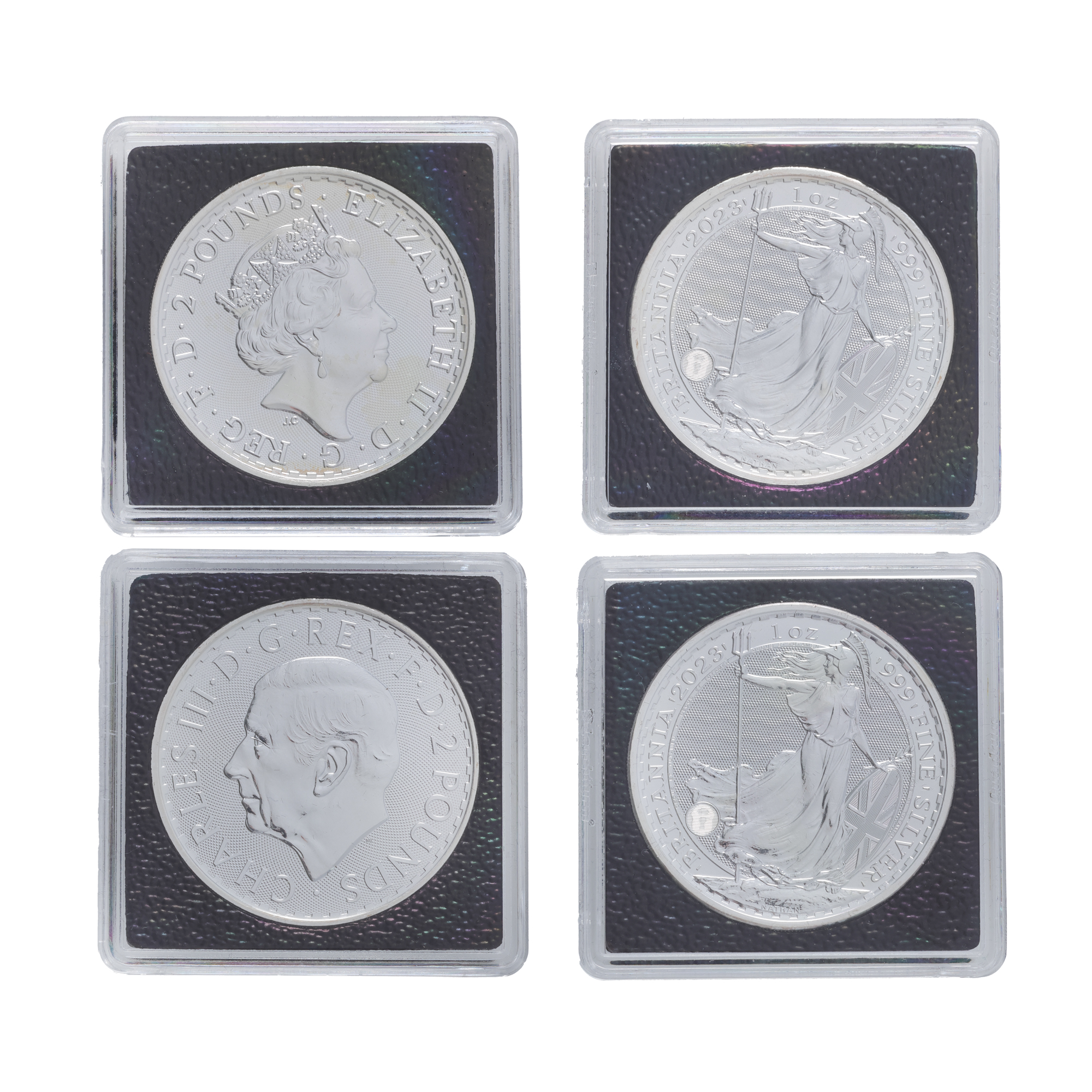 Lot format din două monede de 2 Lire, Regina Elisabeta a II-a și Regele Charles al III-lea, 2023, argint, însoțite de cutie