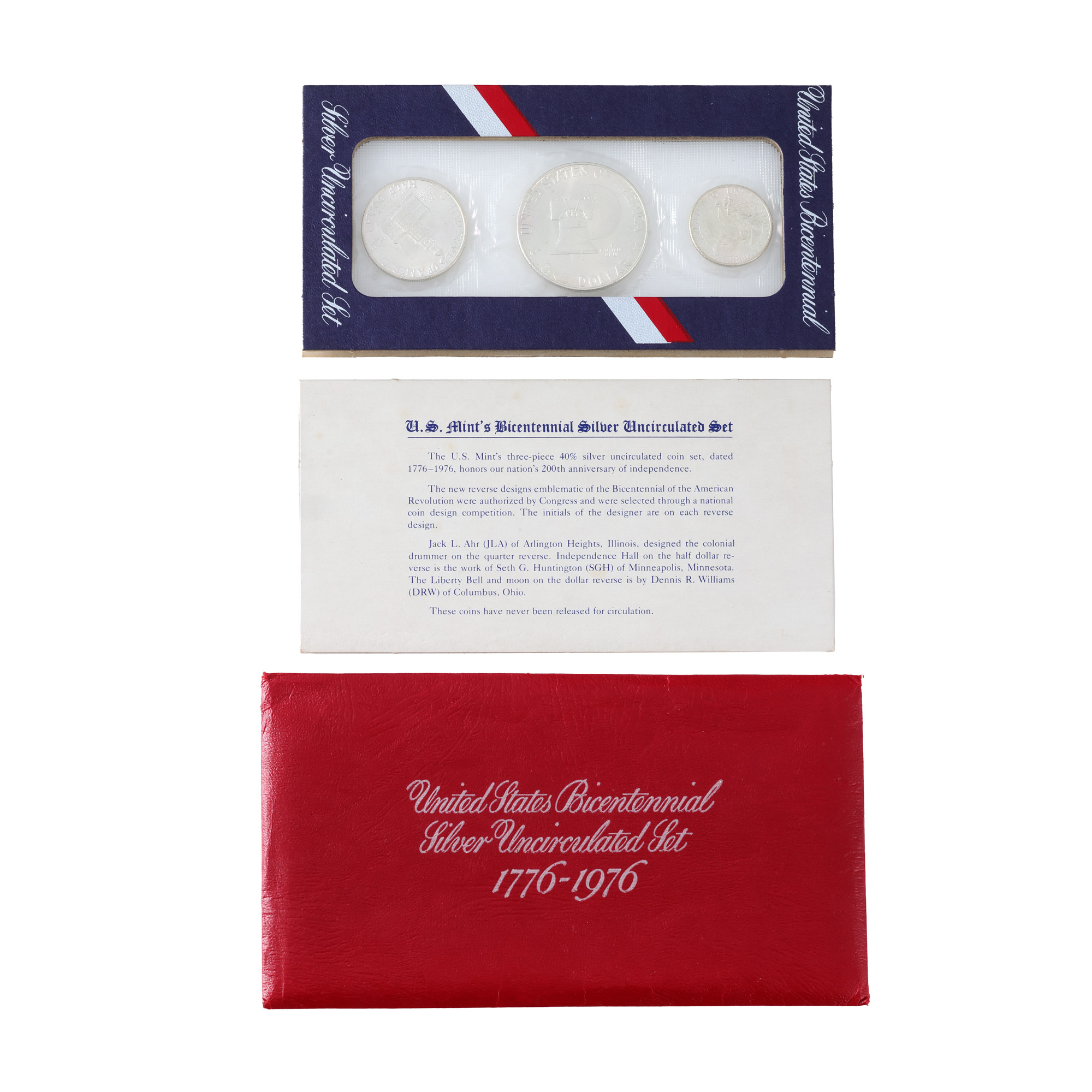 Three coins set, Bicentennial of the Independence of the United States of America, 1 dollar, 50 cents, 25 cents, U.S.A., 1976, silver, accompanied by the original packaging and certificate of authenticity