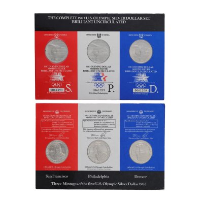 Set of three 1 Dollar coins, edition dedicated to the Los Angeles 1984 Summer Olympic Games, U.S.A., 1983, silver