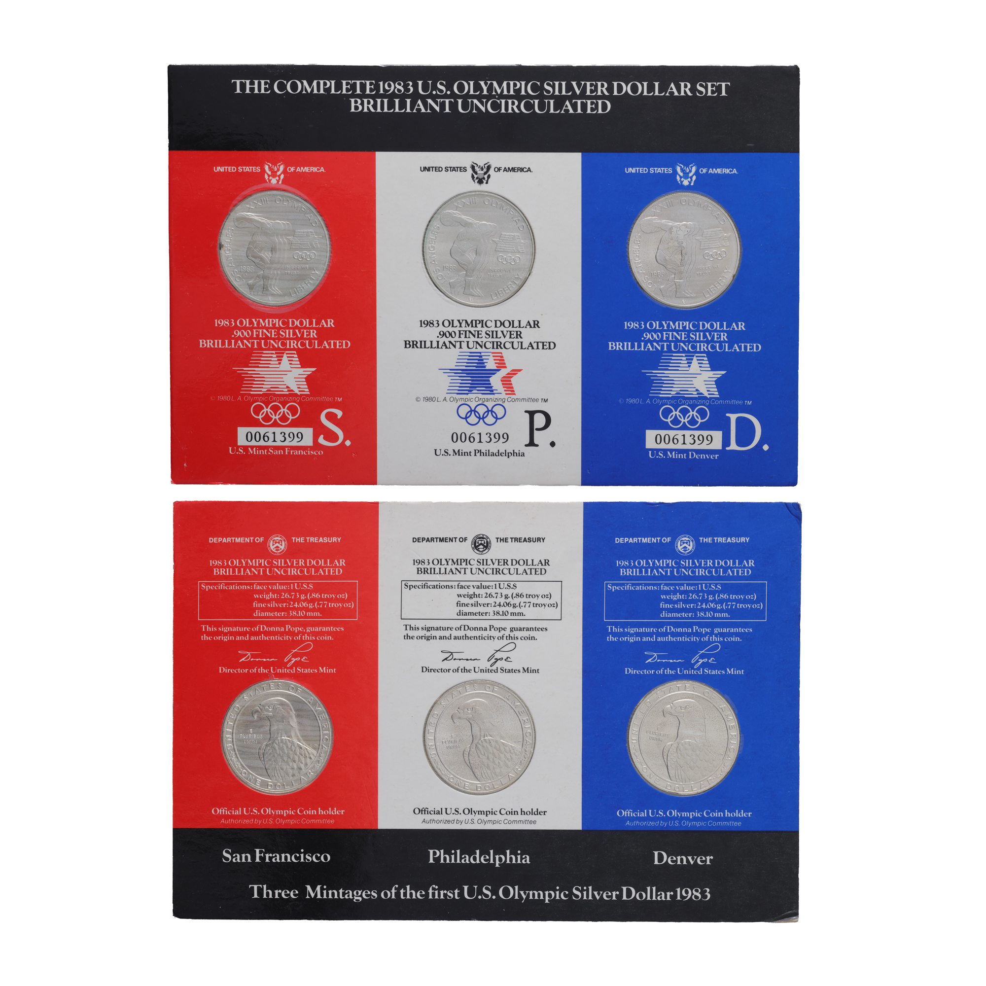 Set format din trei monede de 1 Dolar, ediție dedicată Jocurilor Olimpice de vară Los Angeles 1984, S.U.A., 1983, argint