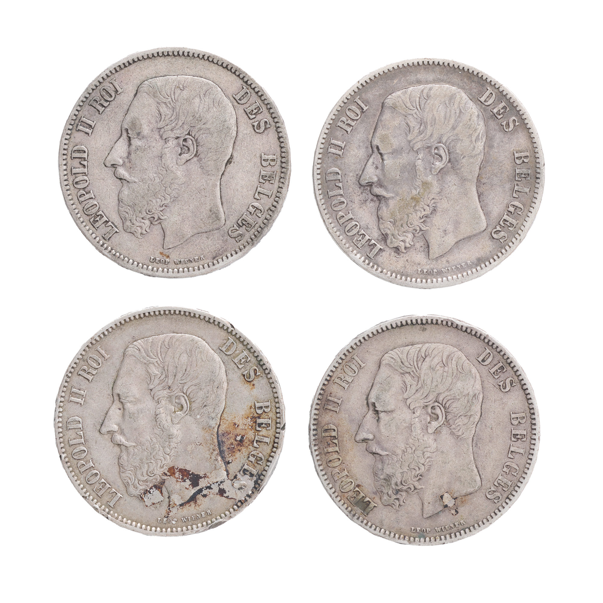 Lot format din patru monede de 5 Franci, Leopold al II-lea, Belgia, 1868, 1869 și 1873, argint