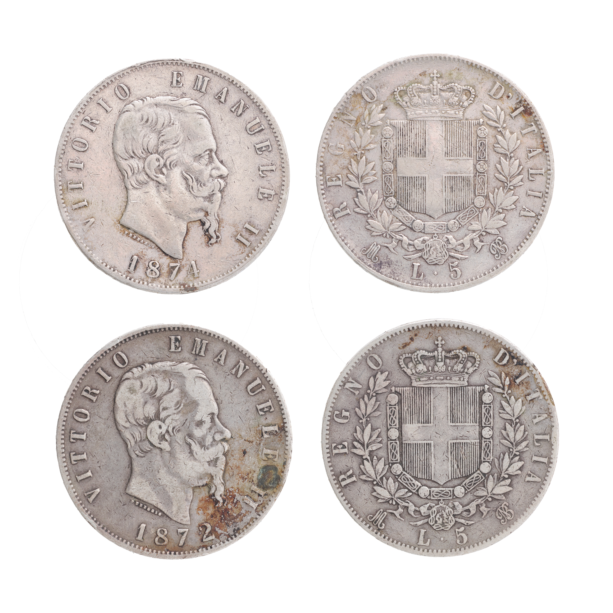 Pair of 5 Lire coins, Vittorio Emanuele II, Italy, 1872 and 1874, silver