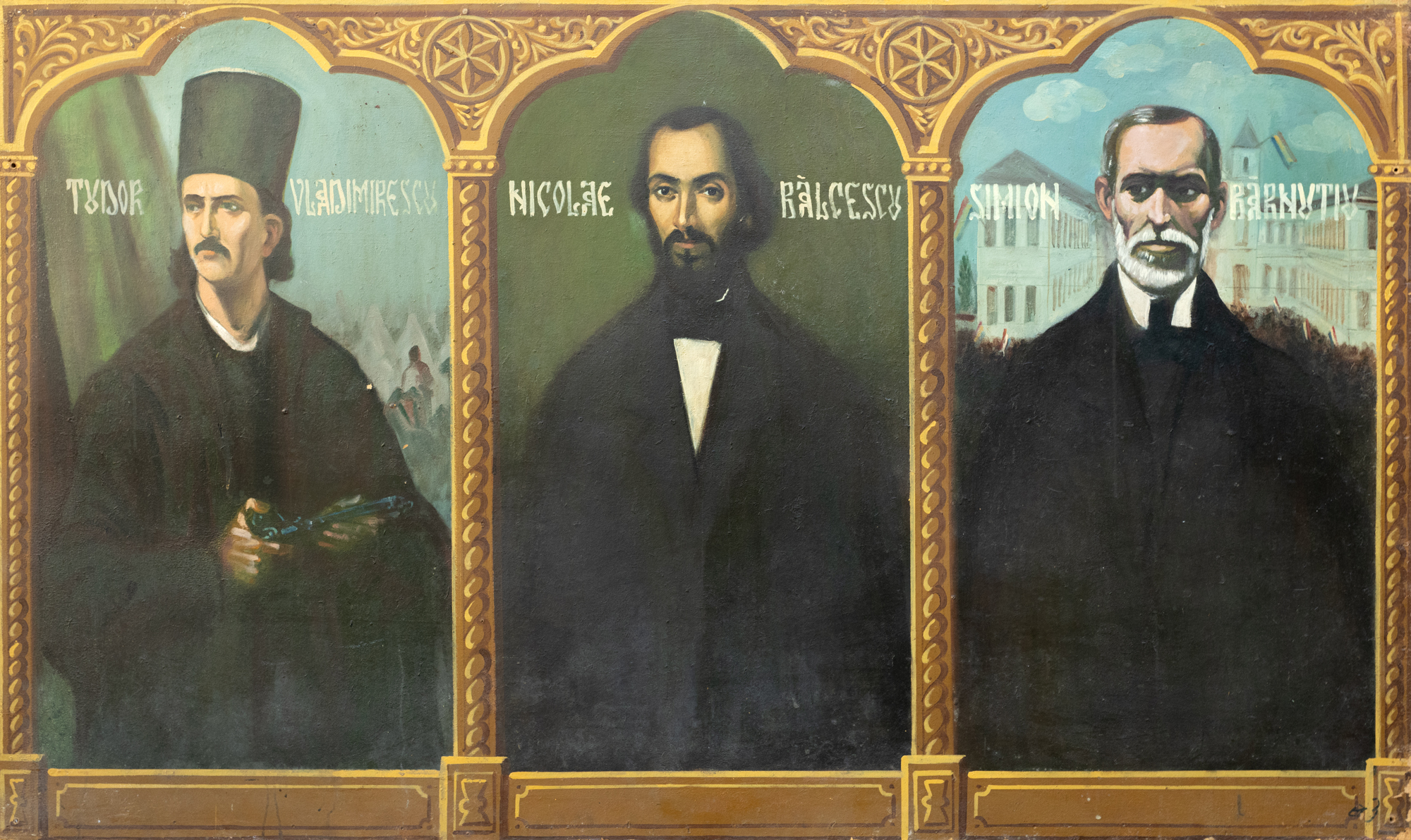 Panou istoric pictat, de mari dimensiuni, ilustrând trei revoluționari români, Tudor Vladimirescu, Nicolae Bălcescu, Simion Bărnuțiu, cca. 1975