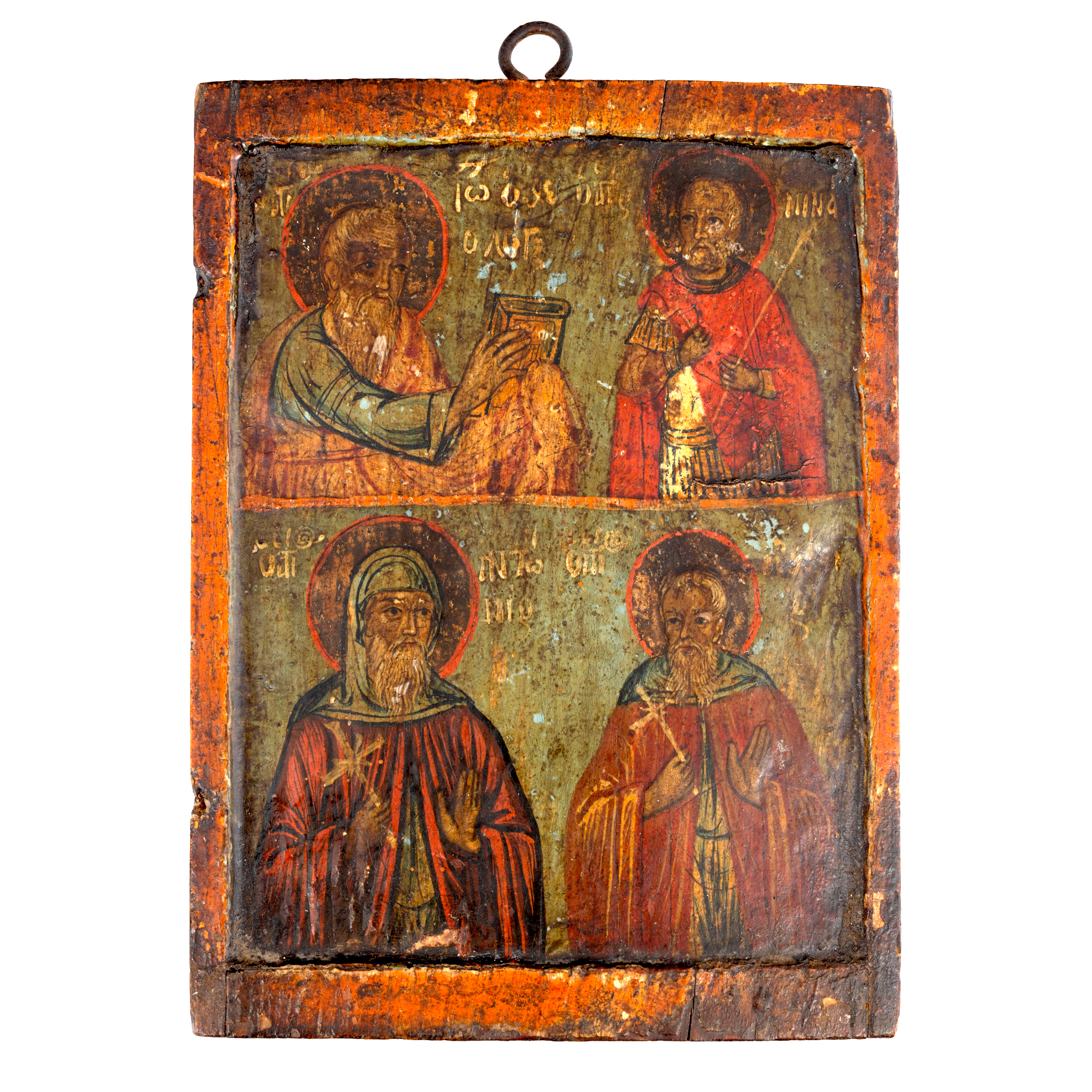 Icon on wood, in two registers, "Saint John the Theologian, Saint Mina, Saint Anthony and a saint", Greek school, 18th century