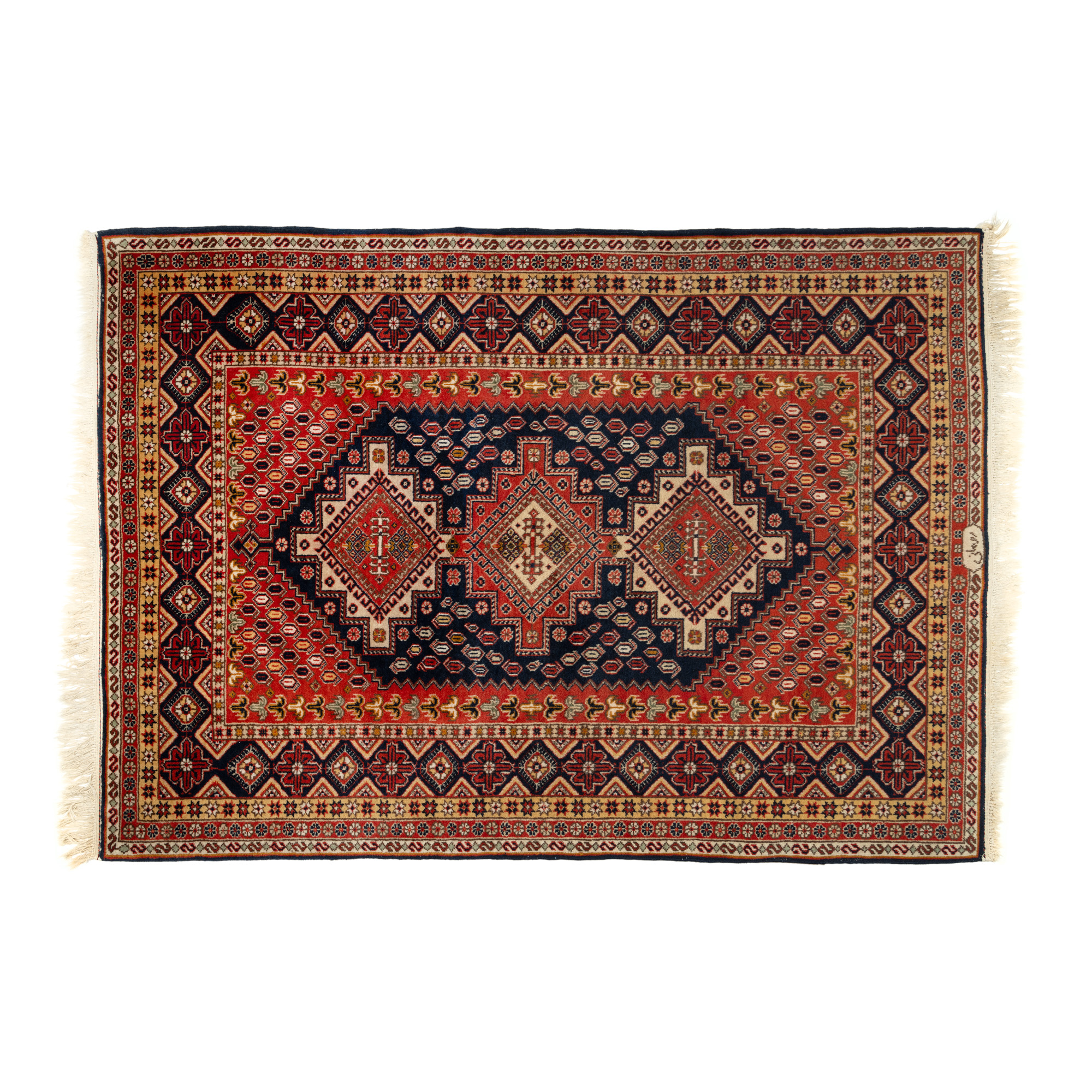 Covor Qashgai din lână, decorat cu motive florale stilizate și rozete, Iran, cca. 1940, semnat
