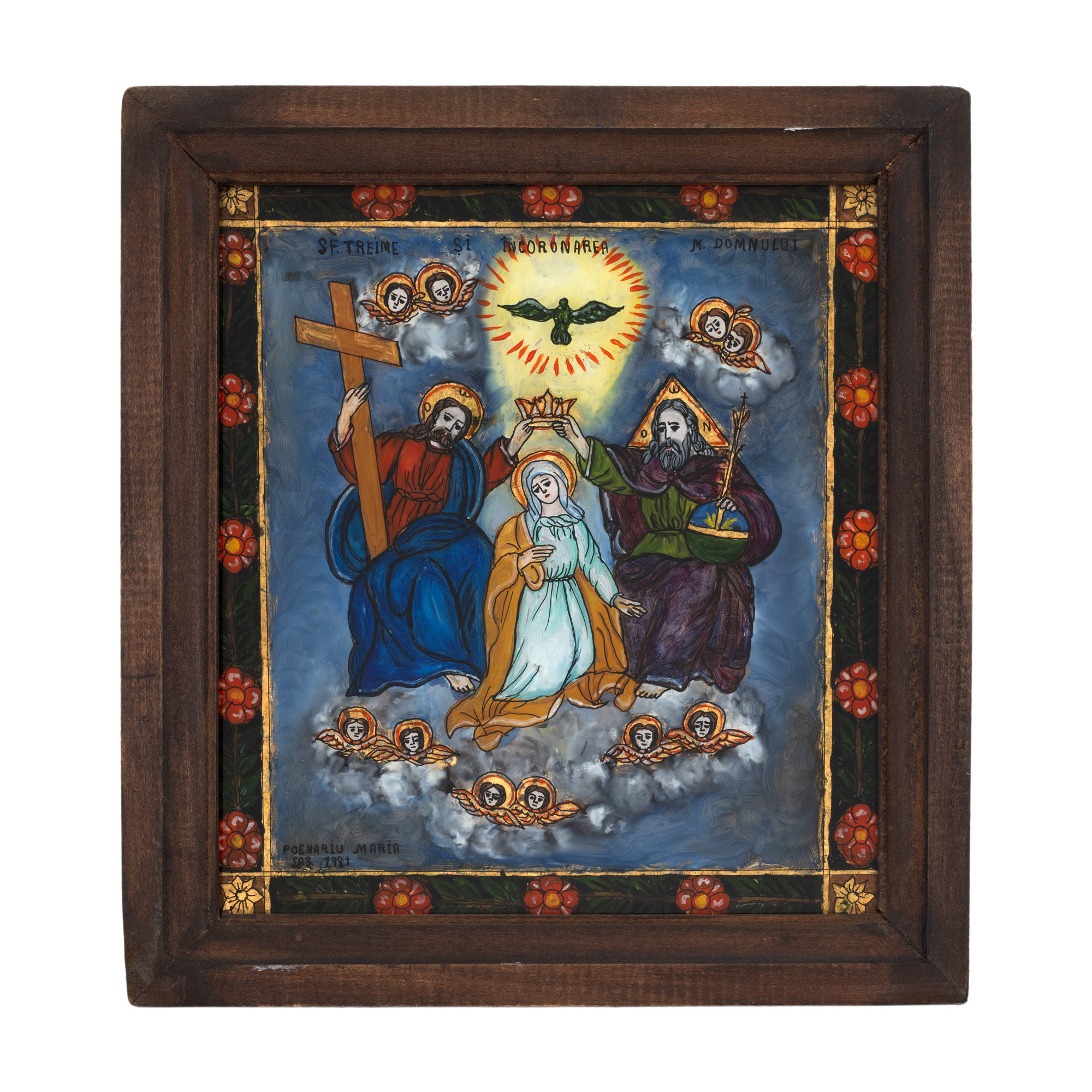 Icoană pe sticlă, ”Sfânta Treime - Încoronarea Fecioarei”, de Maria Poenariu, Laz, 1981