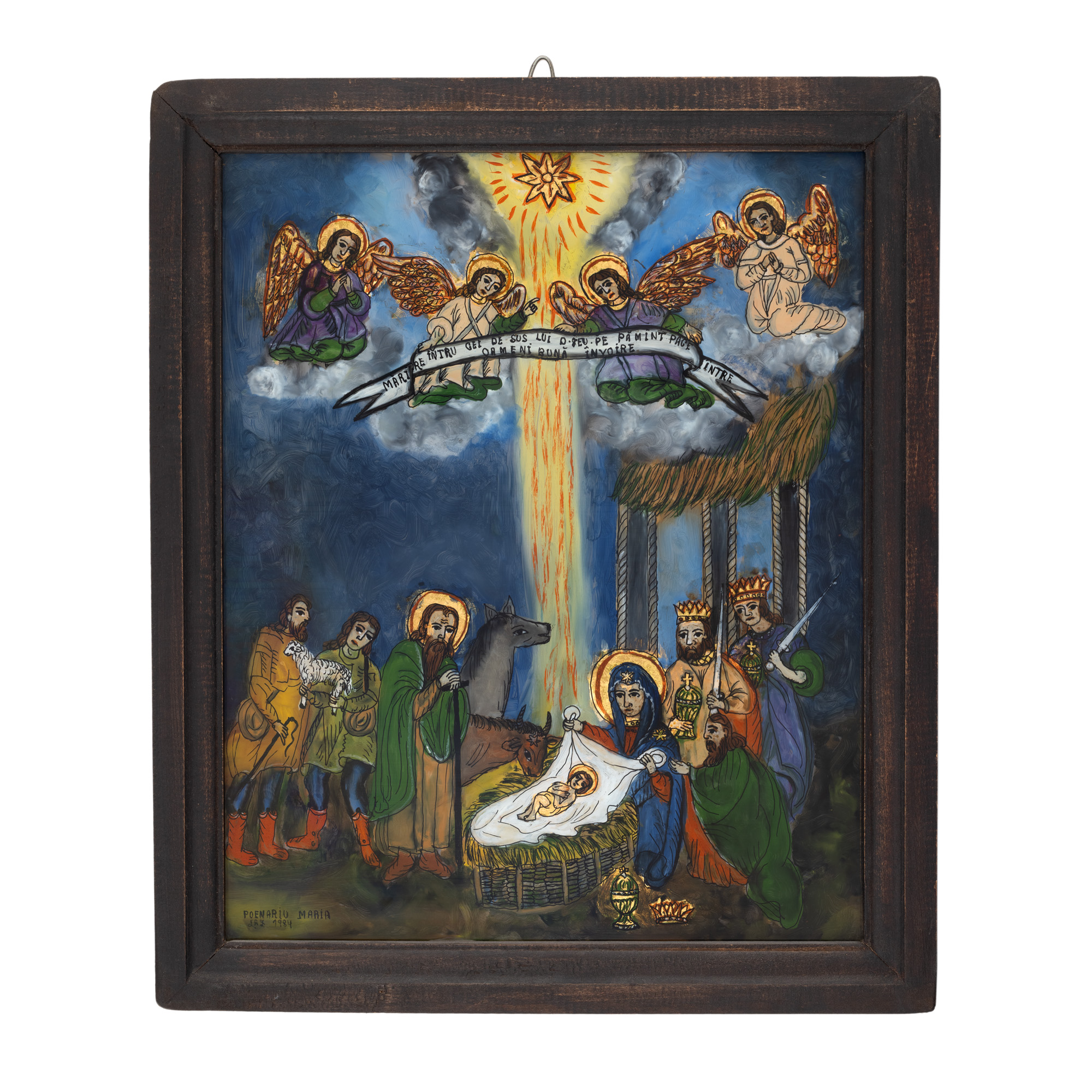 "Icon on glass, 'Birth of the Lord', by Maria Poenariu, Laz, 1984"